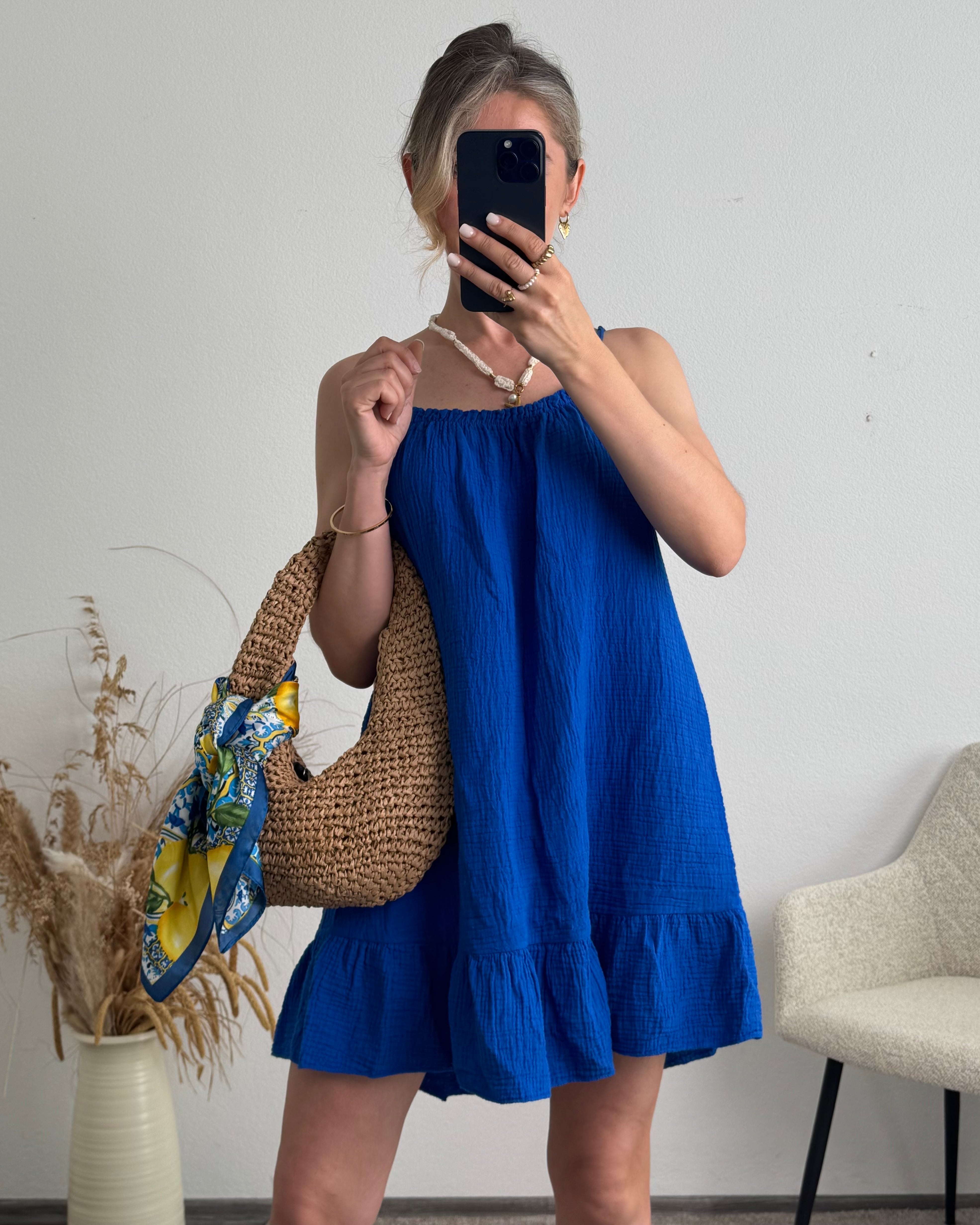Musselinkleid mit Volantsaum Kelly royalblau