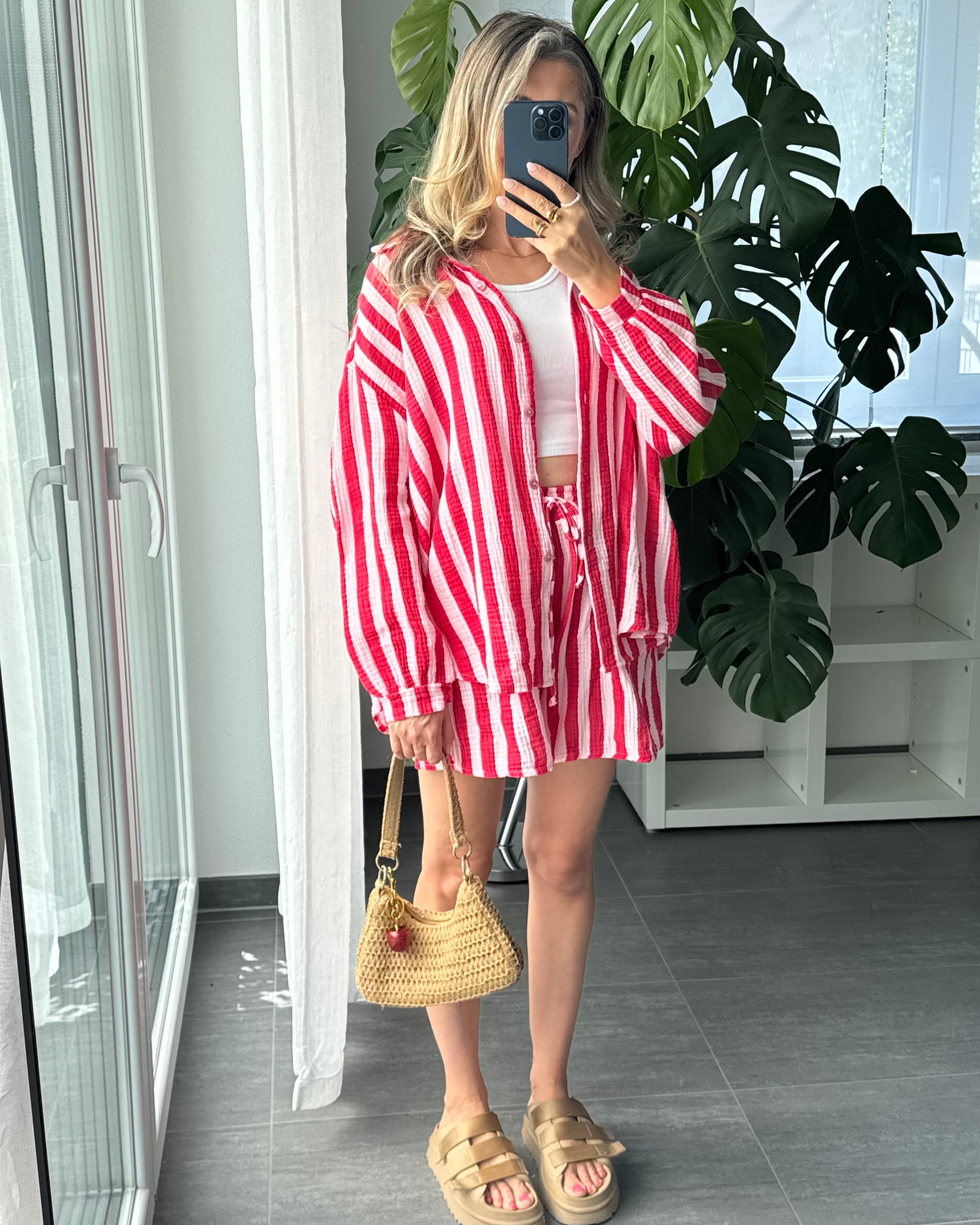 Musselin-Set – Bluse & Shorts Rot