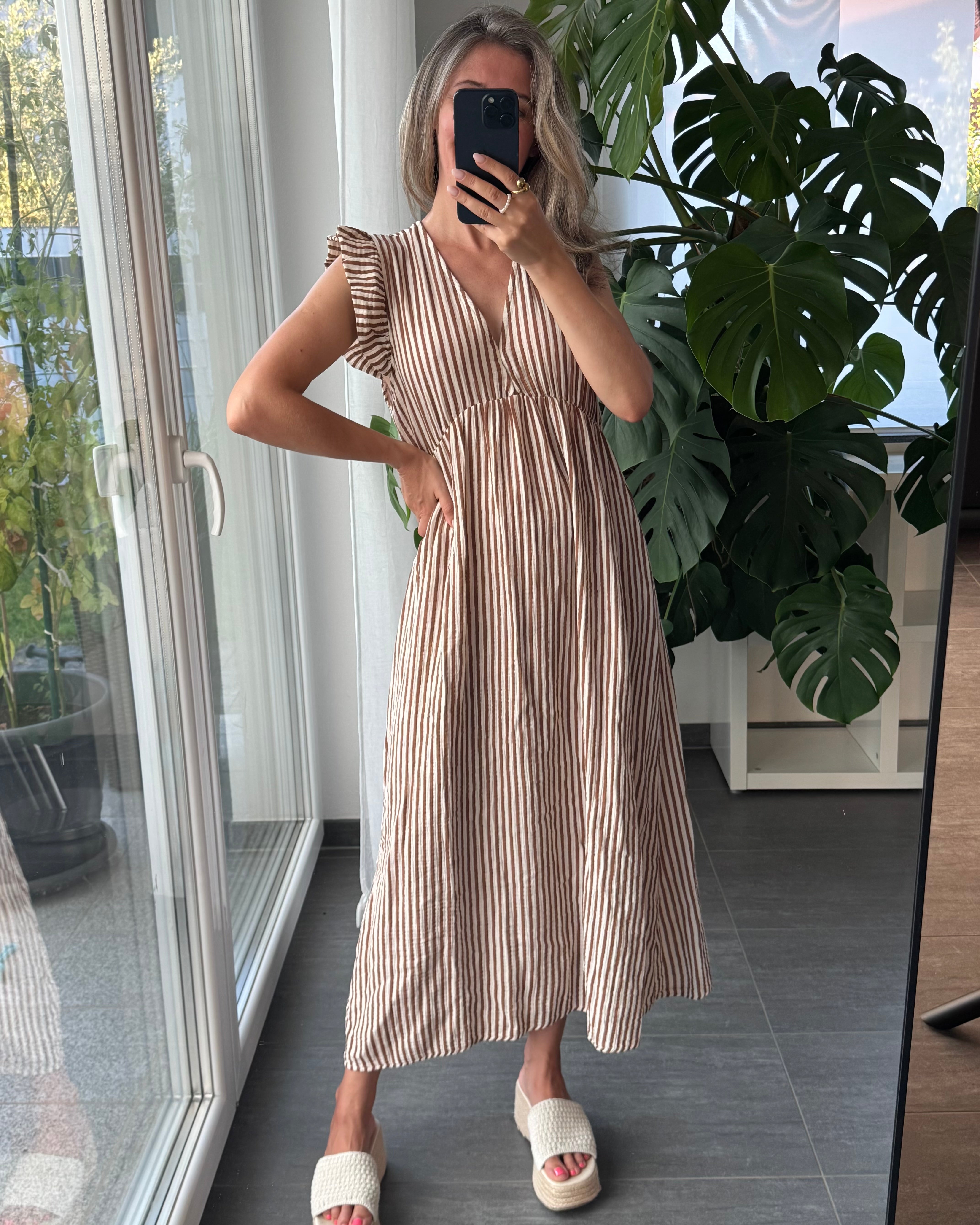 Maxi Musselinkleid Stripes Cognac