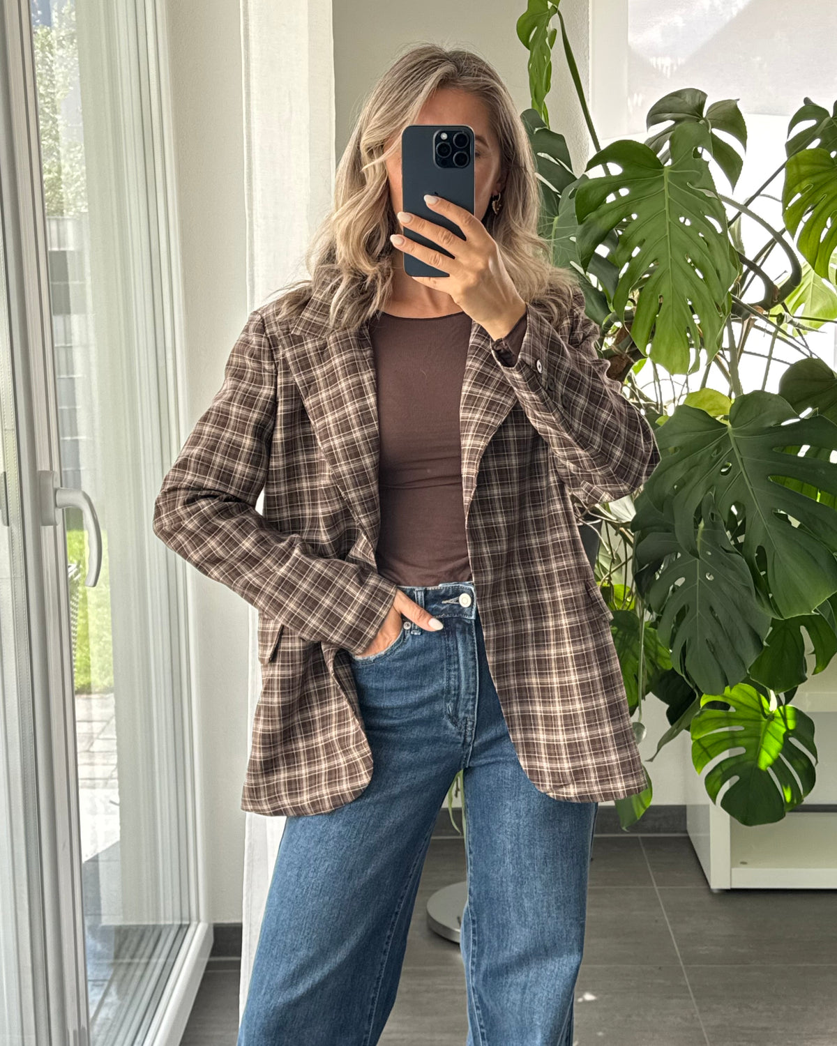 High Neck Blazer kariert braun