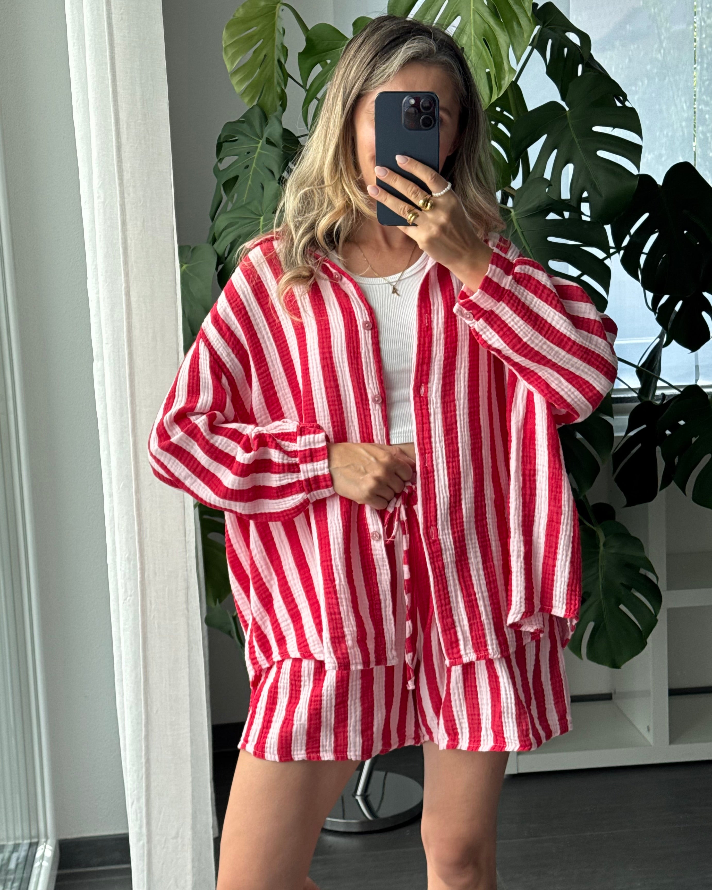 Musselin-Set – Bluse & Shorts Rot