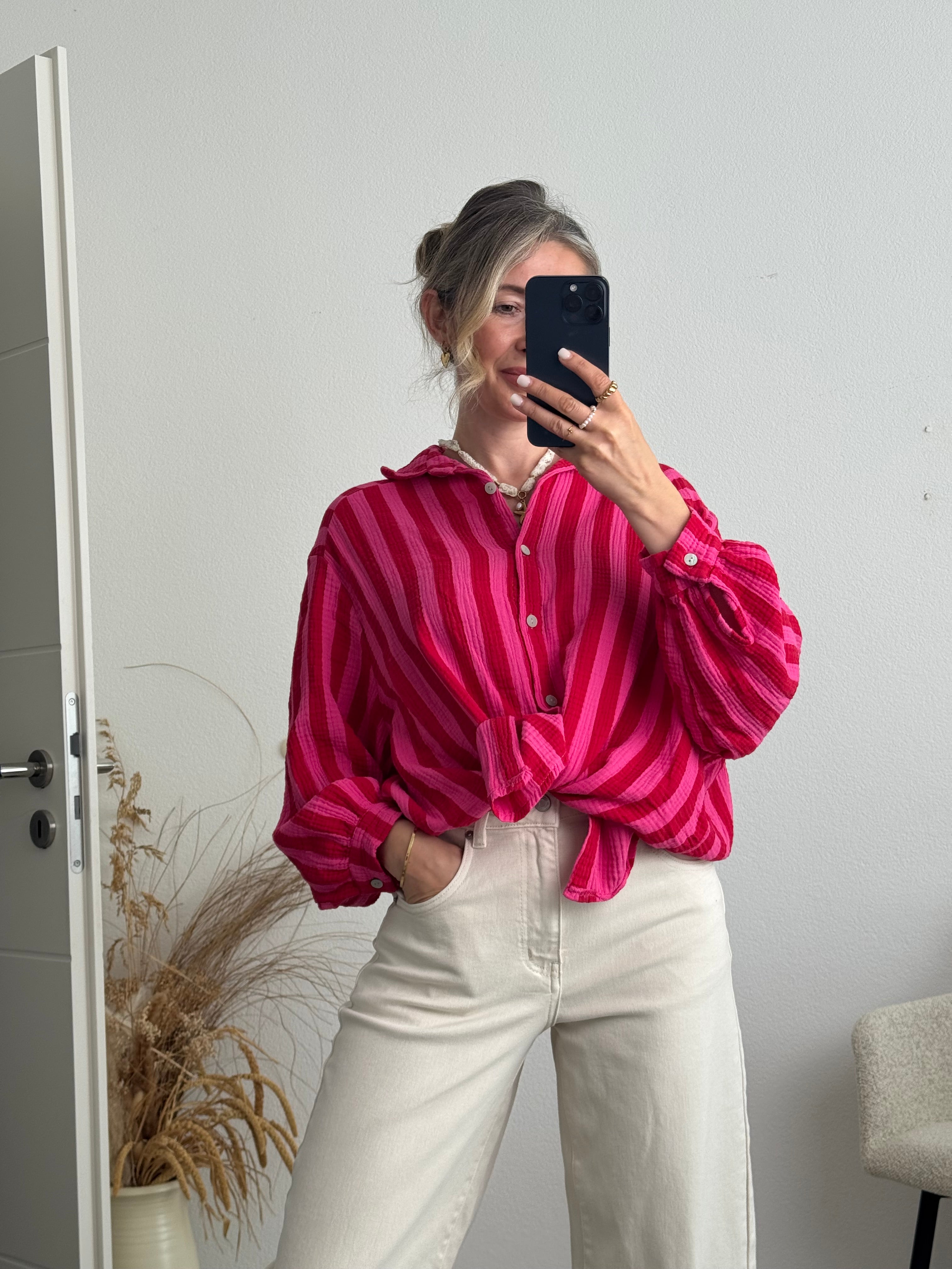 Musselinbluse Bold Stripes rot pink
