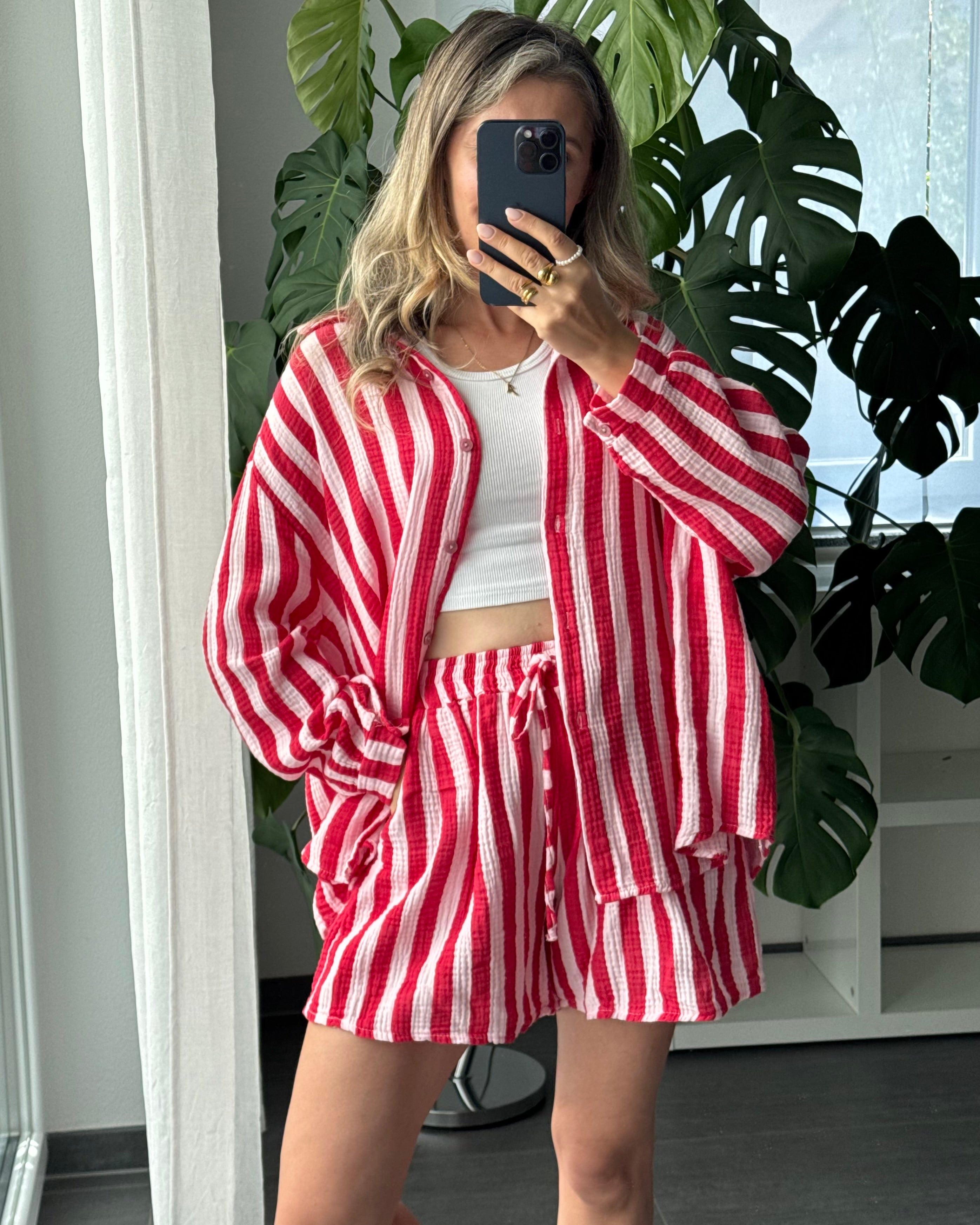 Musselin-Set – Bluse & Shorts Rot