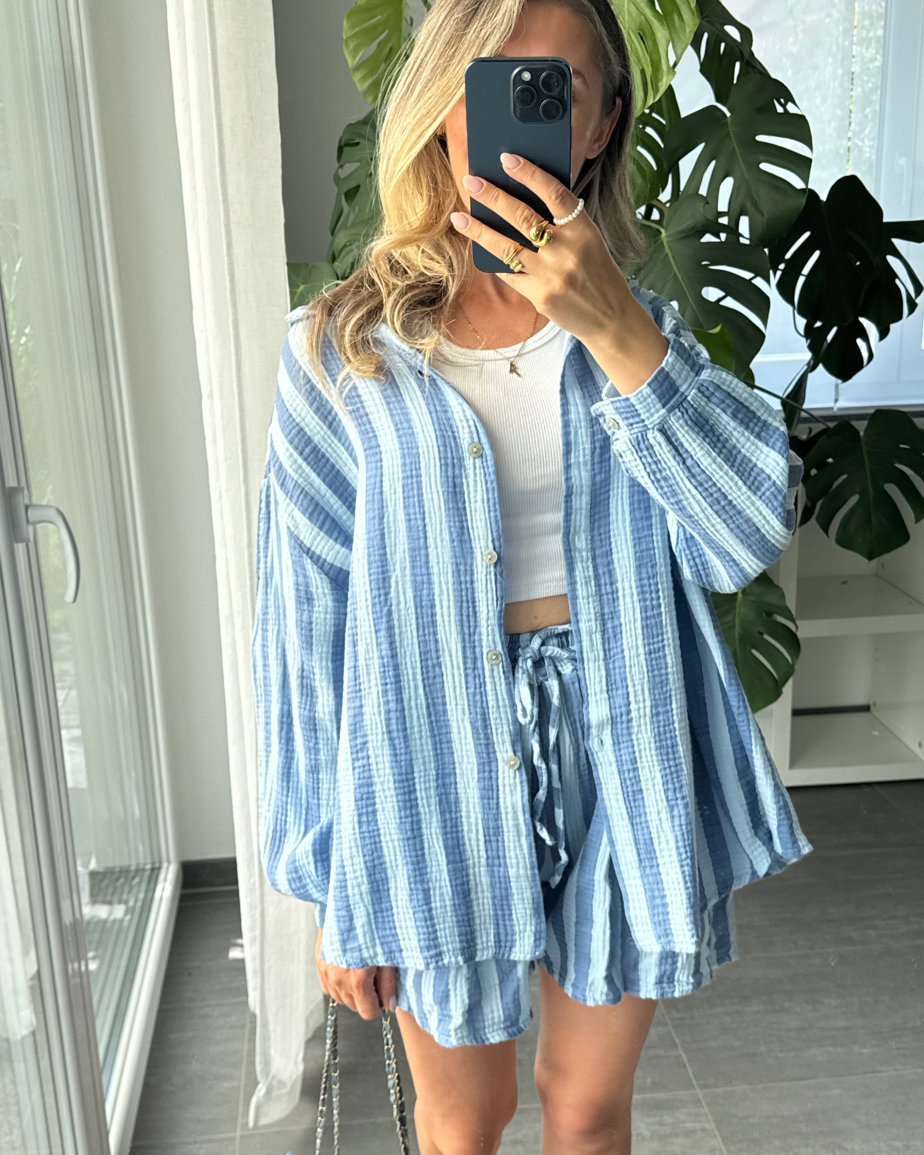 Musselin-Set – Bluse & Shorts Blau
