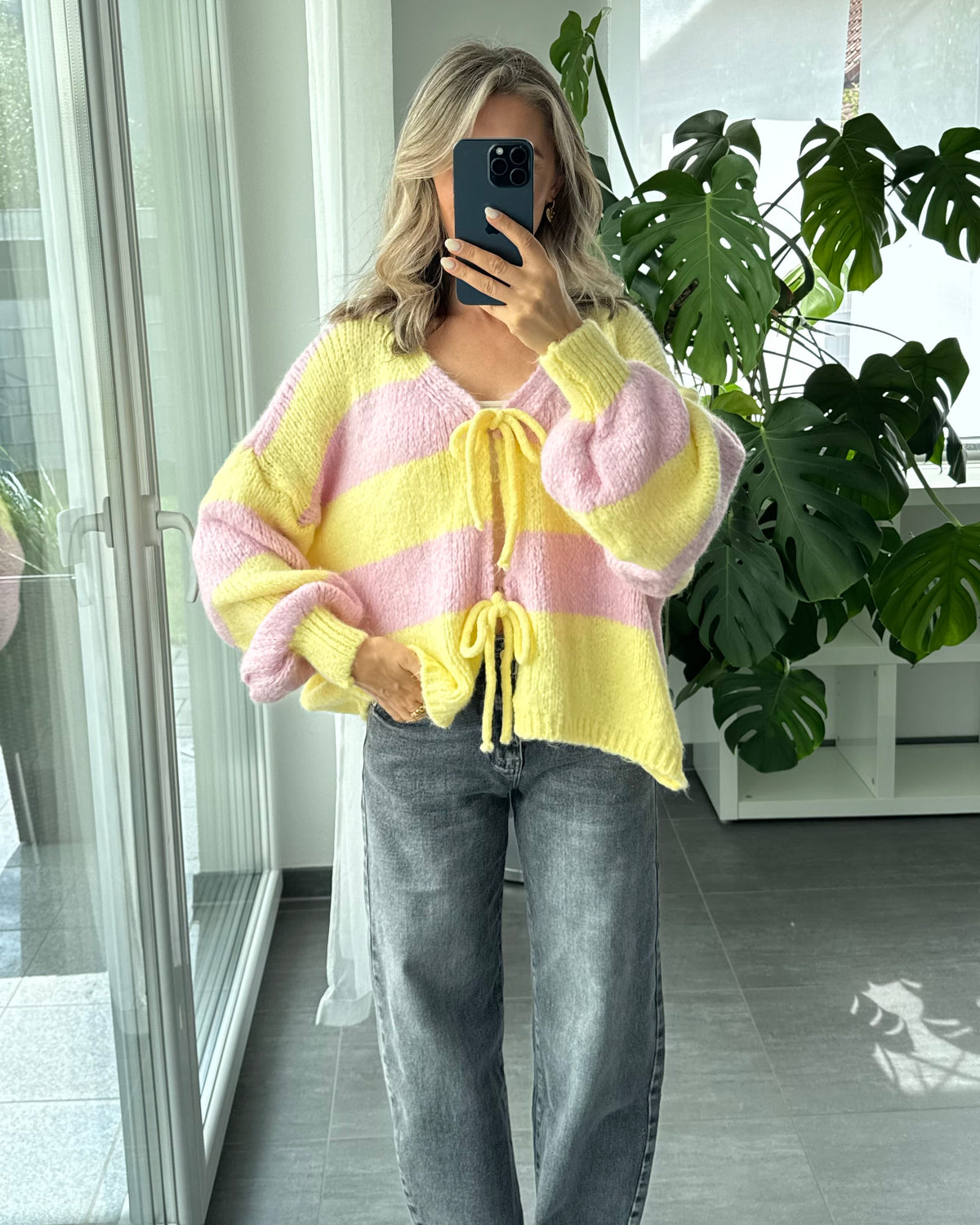 Cardigan mit Schleifen Langarm rosa softgelb
