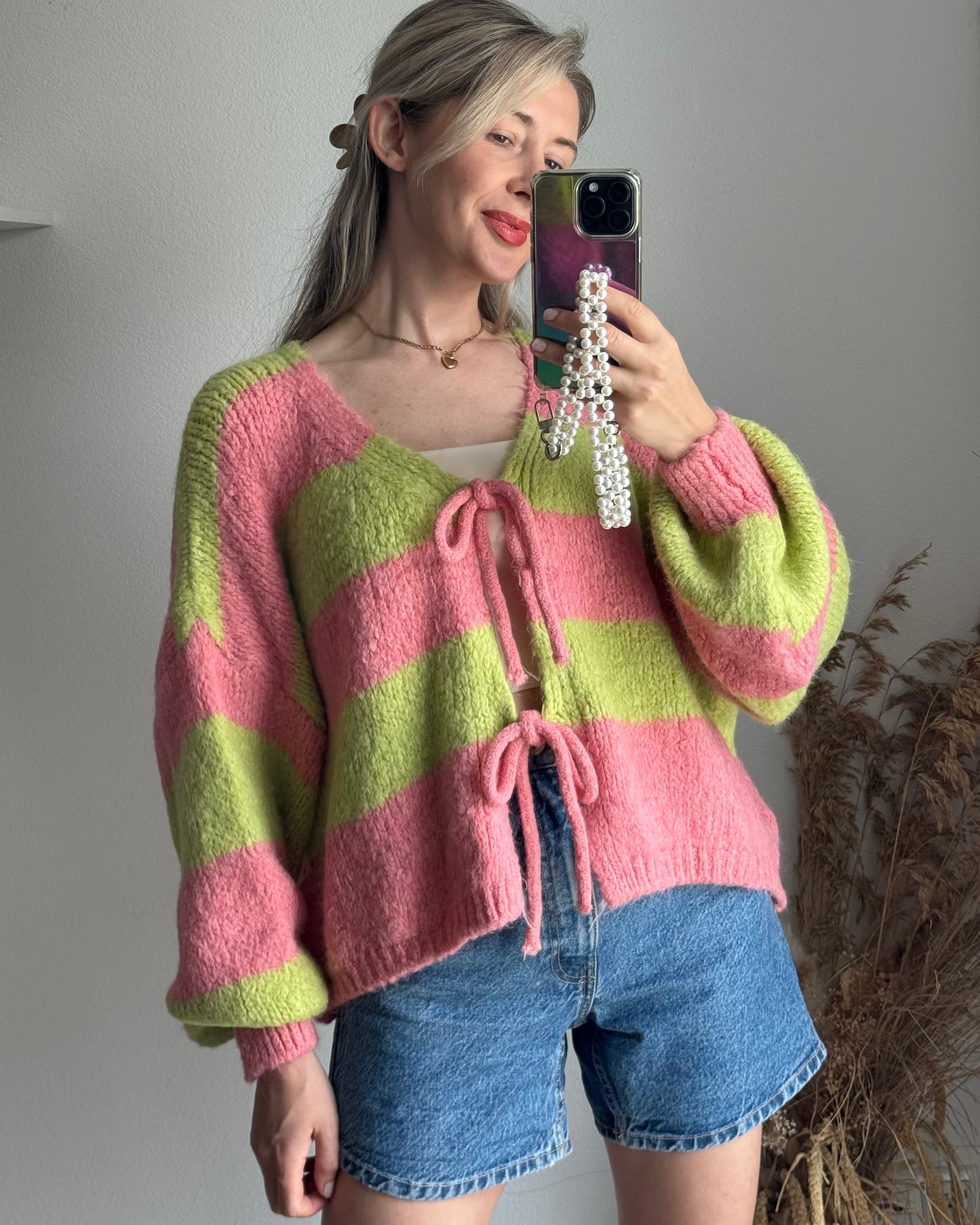 Cardigan mit Schleifen Langarm Kiwi Rosa