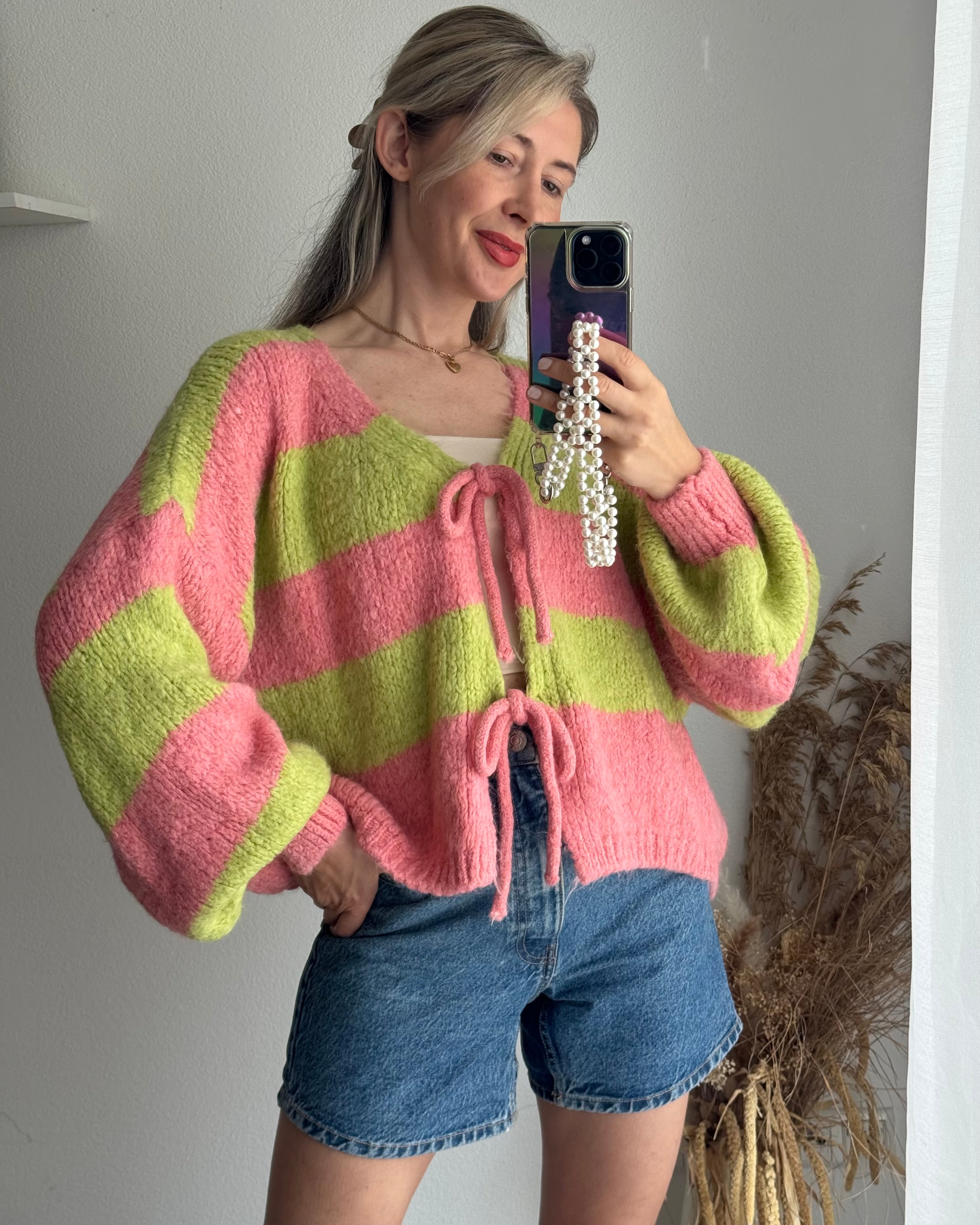 Cardigan mit Schleifen Langarm Kiwi Rosa