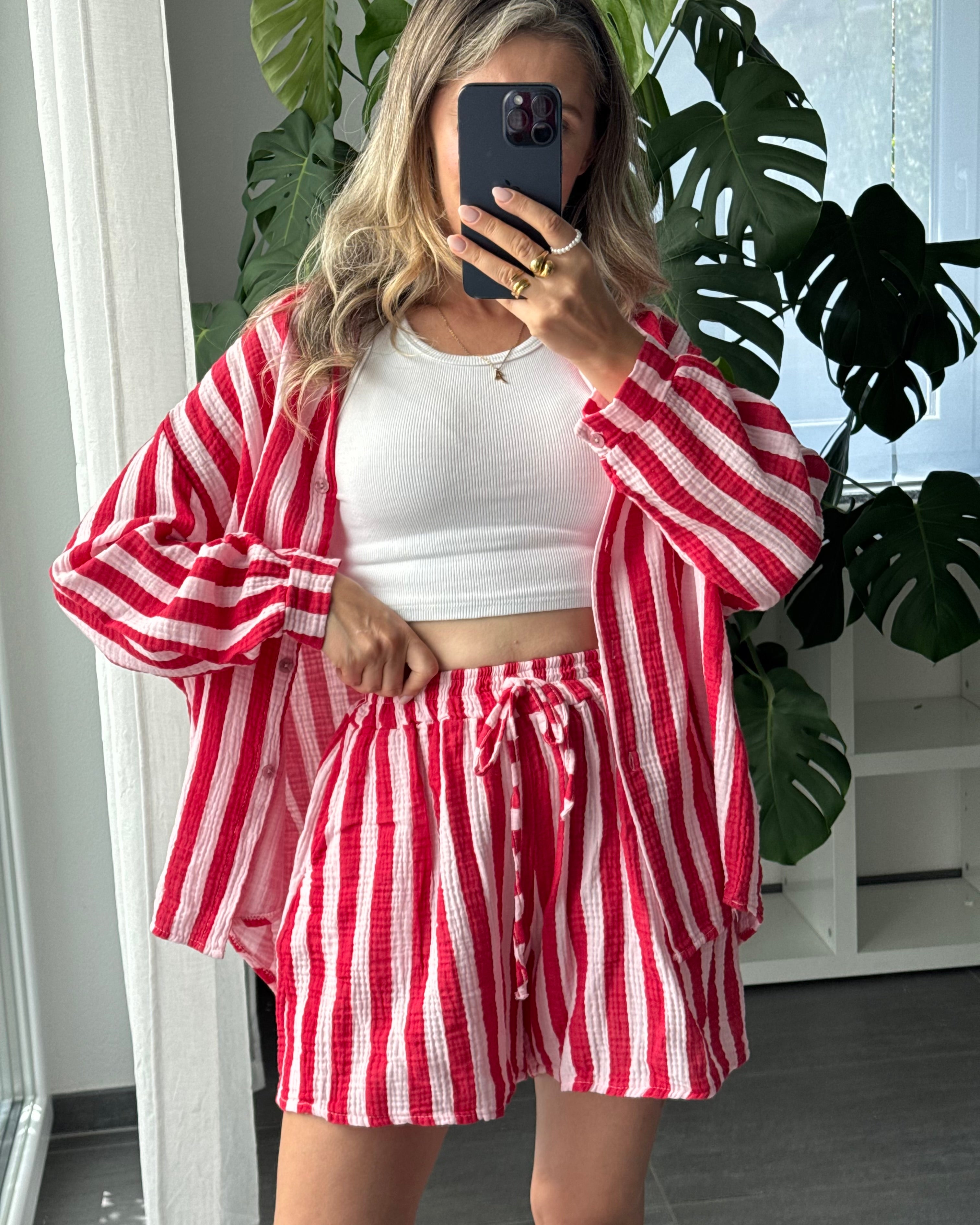 Musselin-Set – Bluse & Shorts Rot