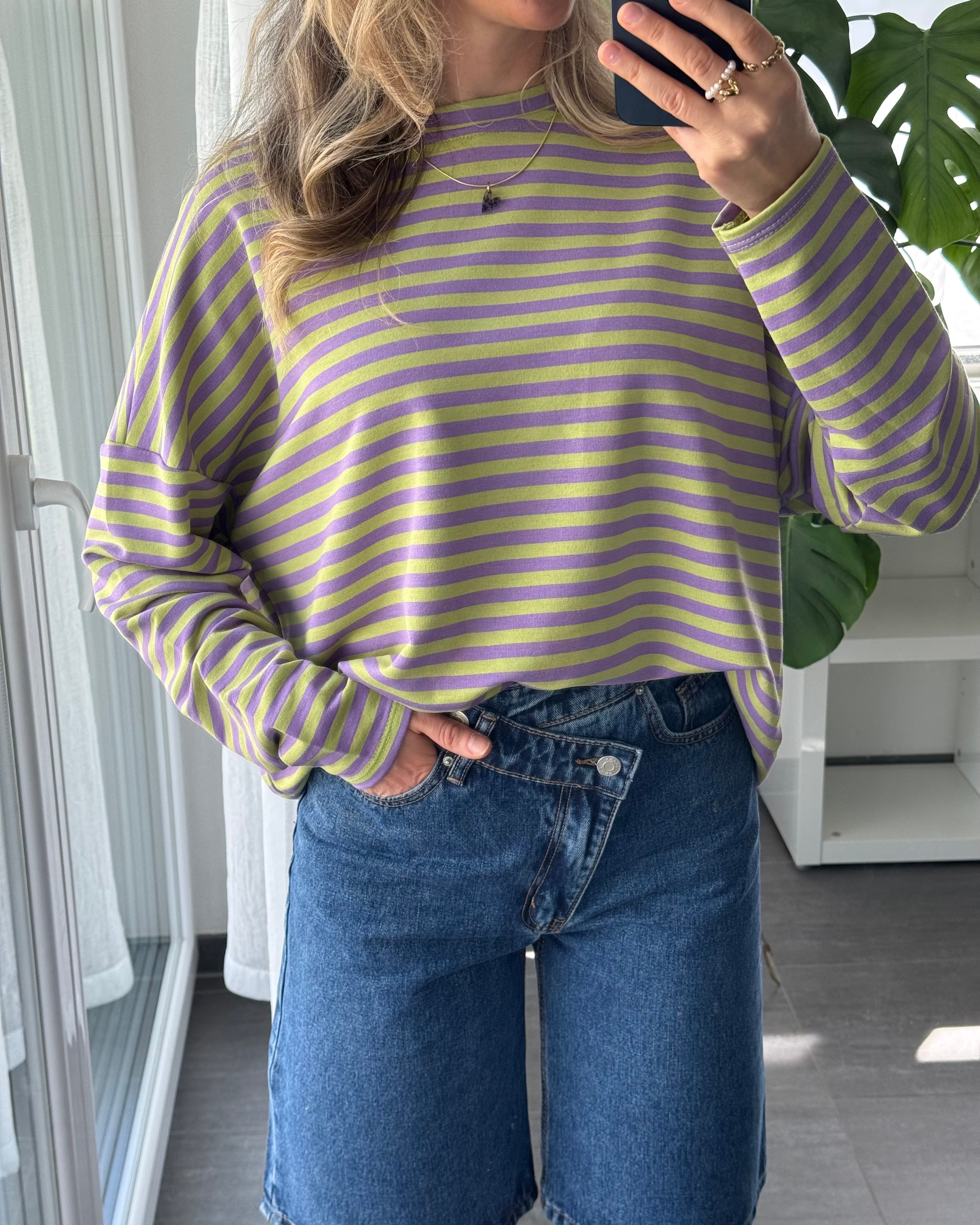 Shirt Streifenliebe langarm Lila Grün