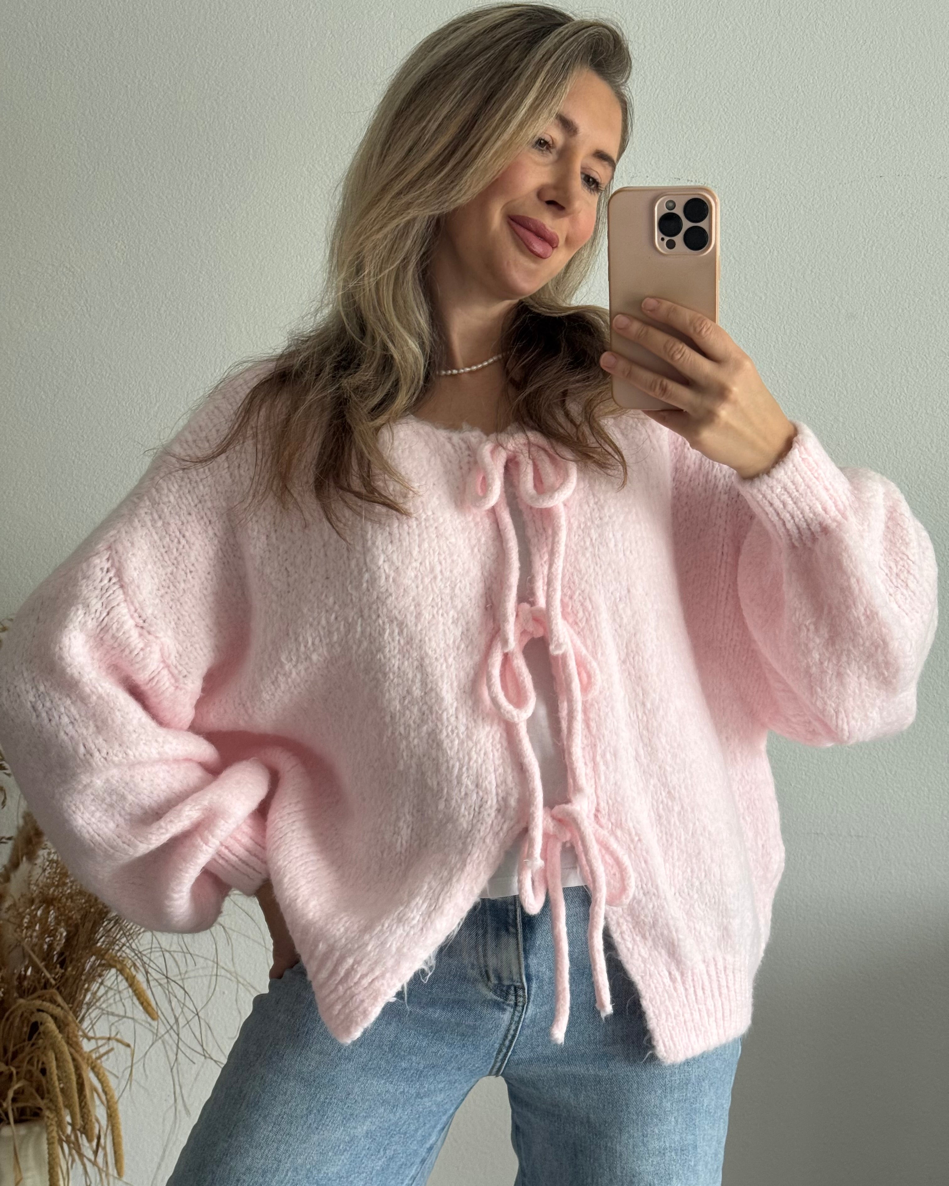 Cardigan mit Schleifen Langarm Zartrosa