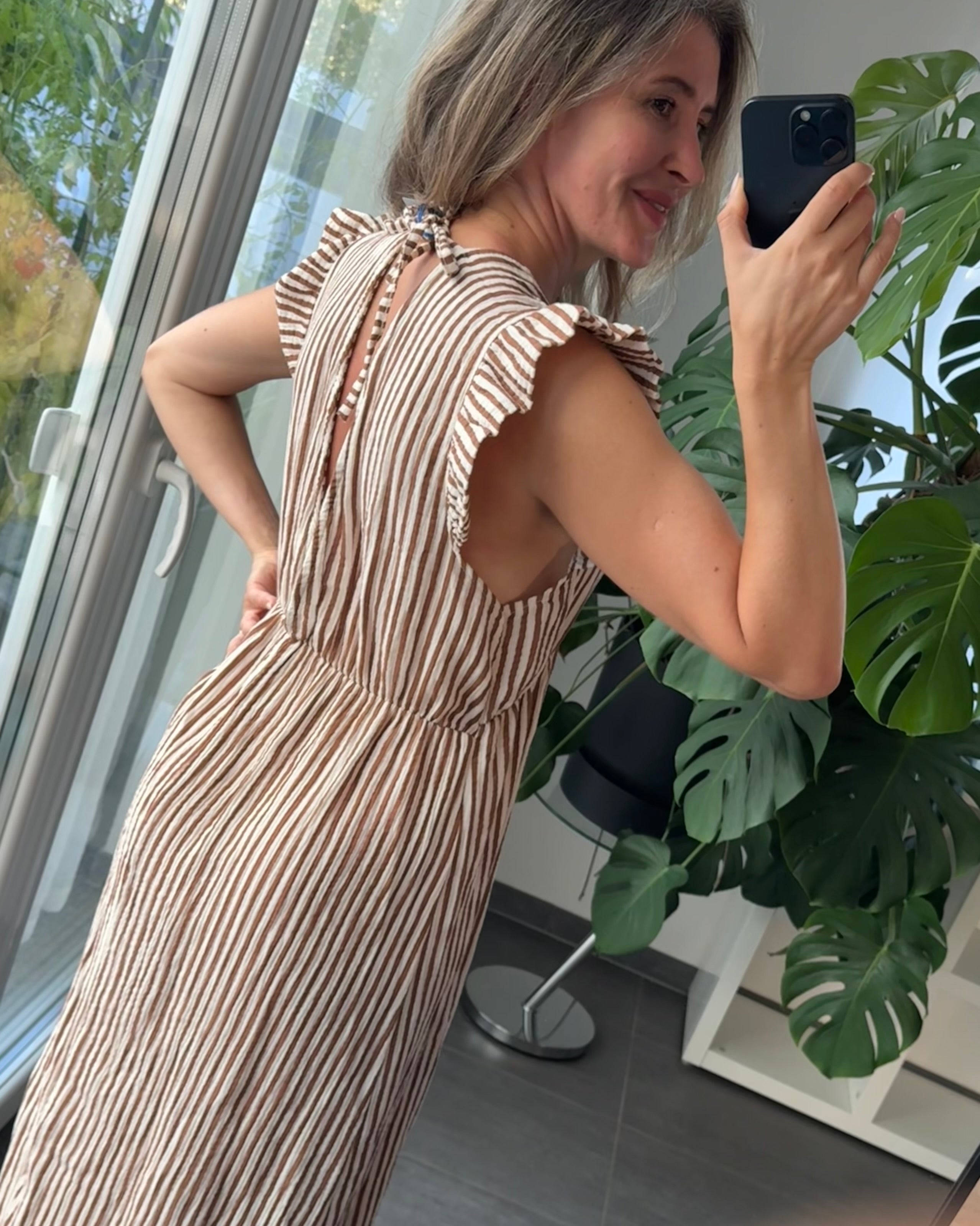 Maxi Musselinkleid Stripes Cognac