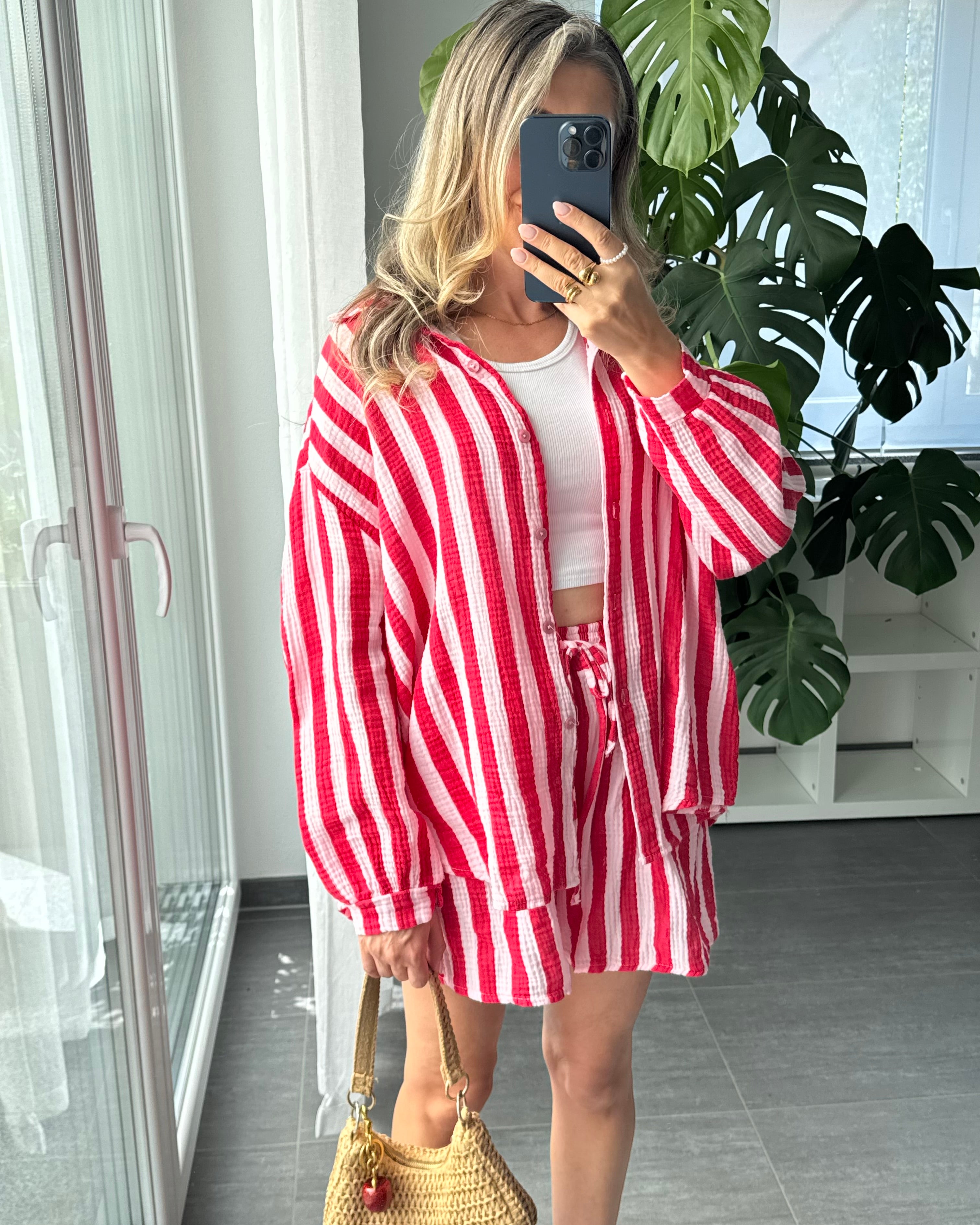 Musselin-Set – Bluse & Shorts Rot