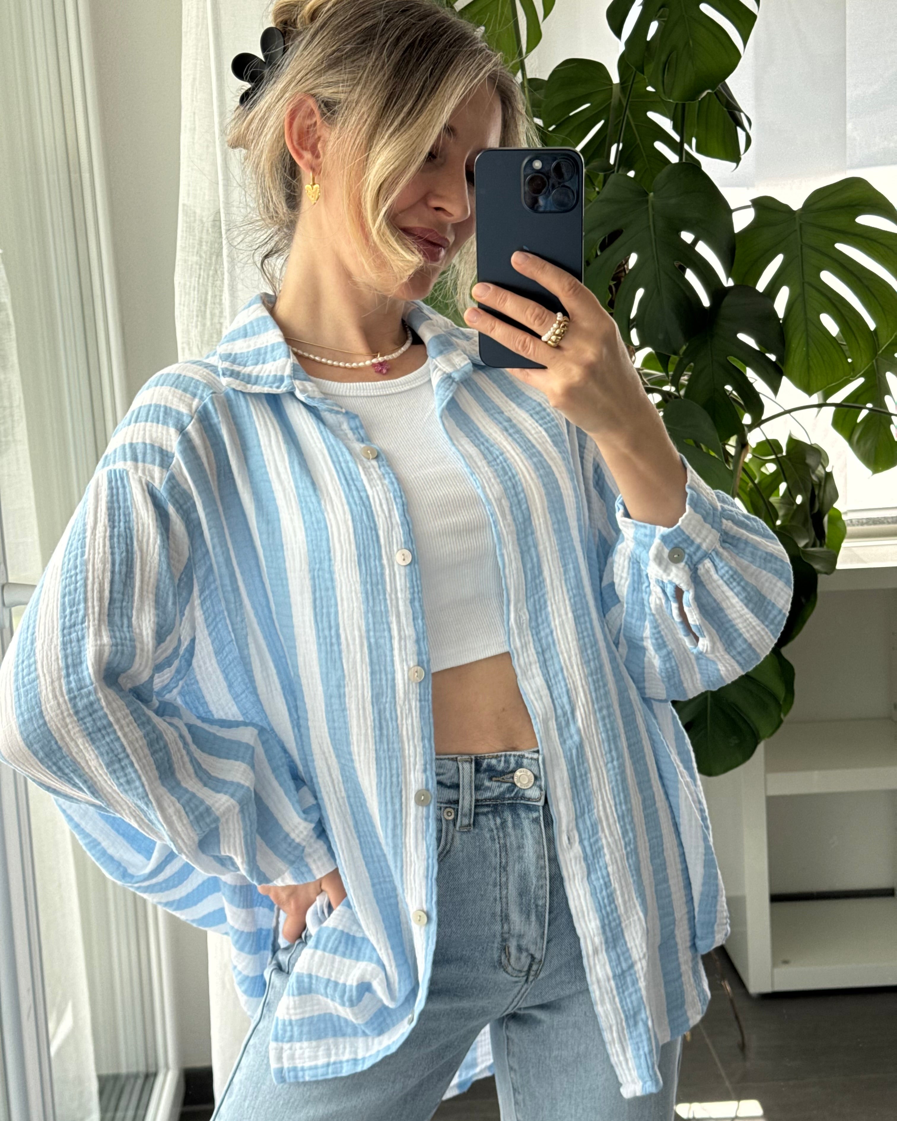 Musselinbluse Bold Stripes Hellblau