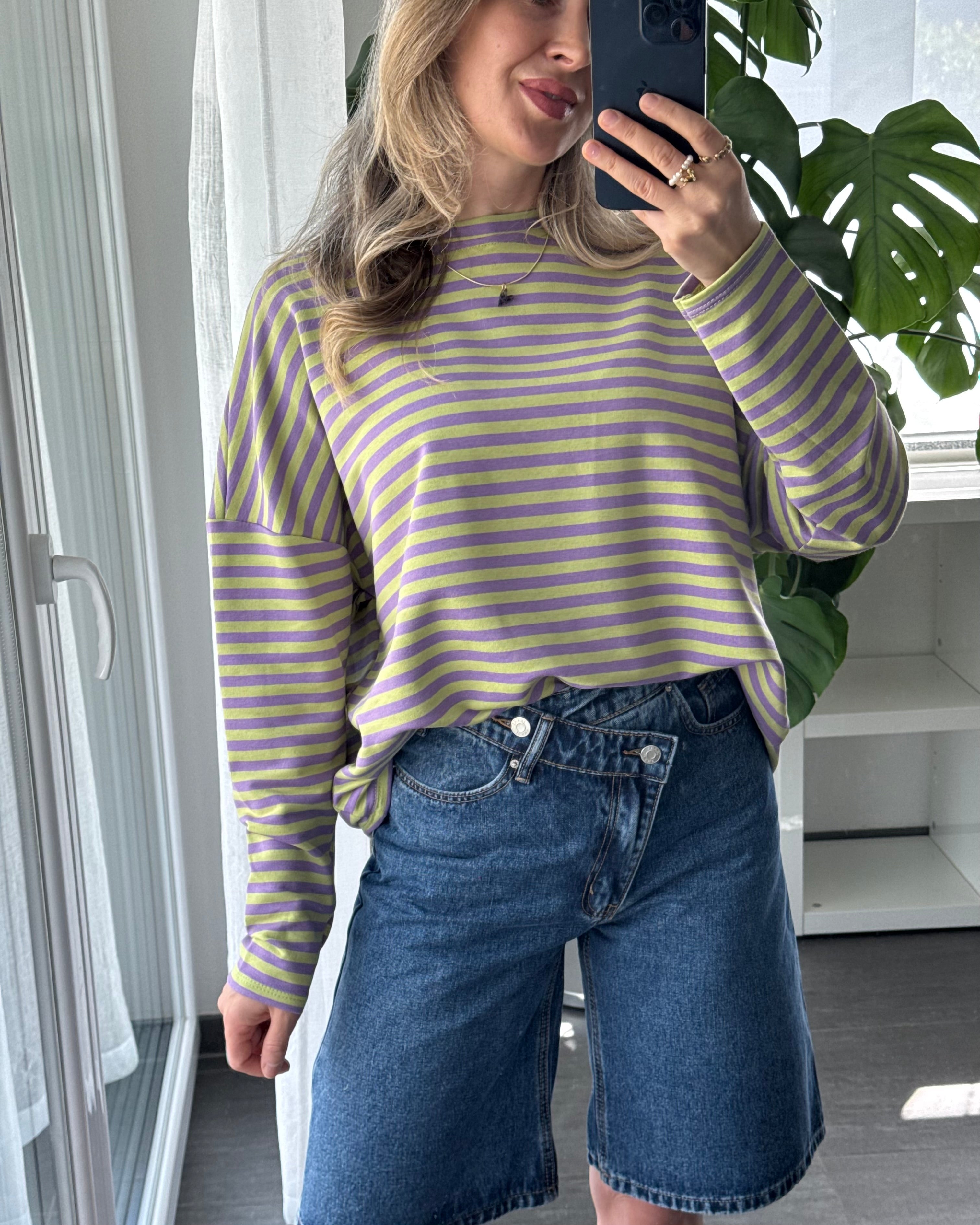 Shirt Streifenliebe langarm Lila Grün
