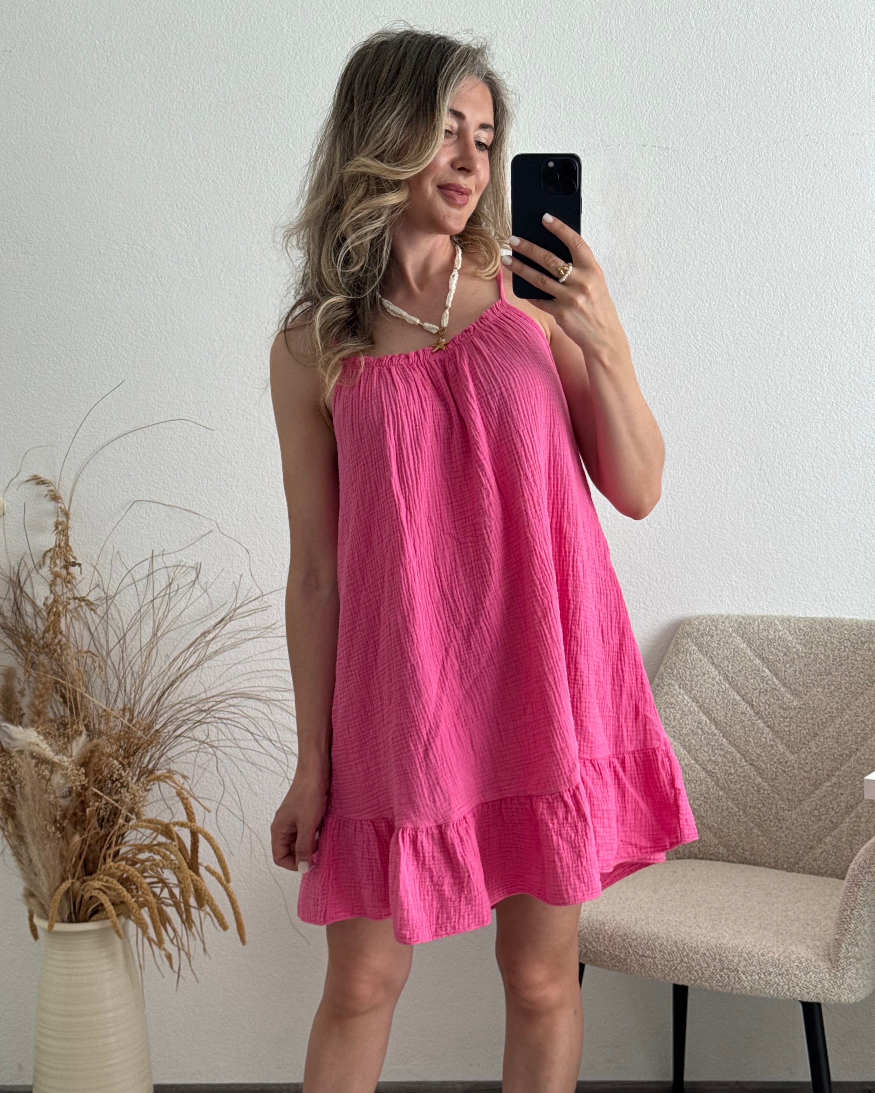 Musselinkleid mit Volantsaum Kelly Pink