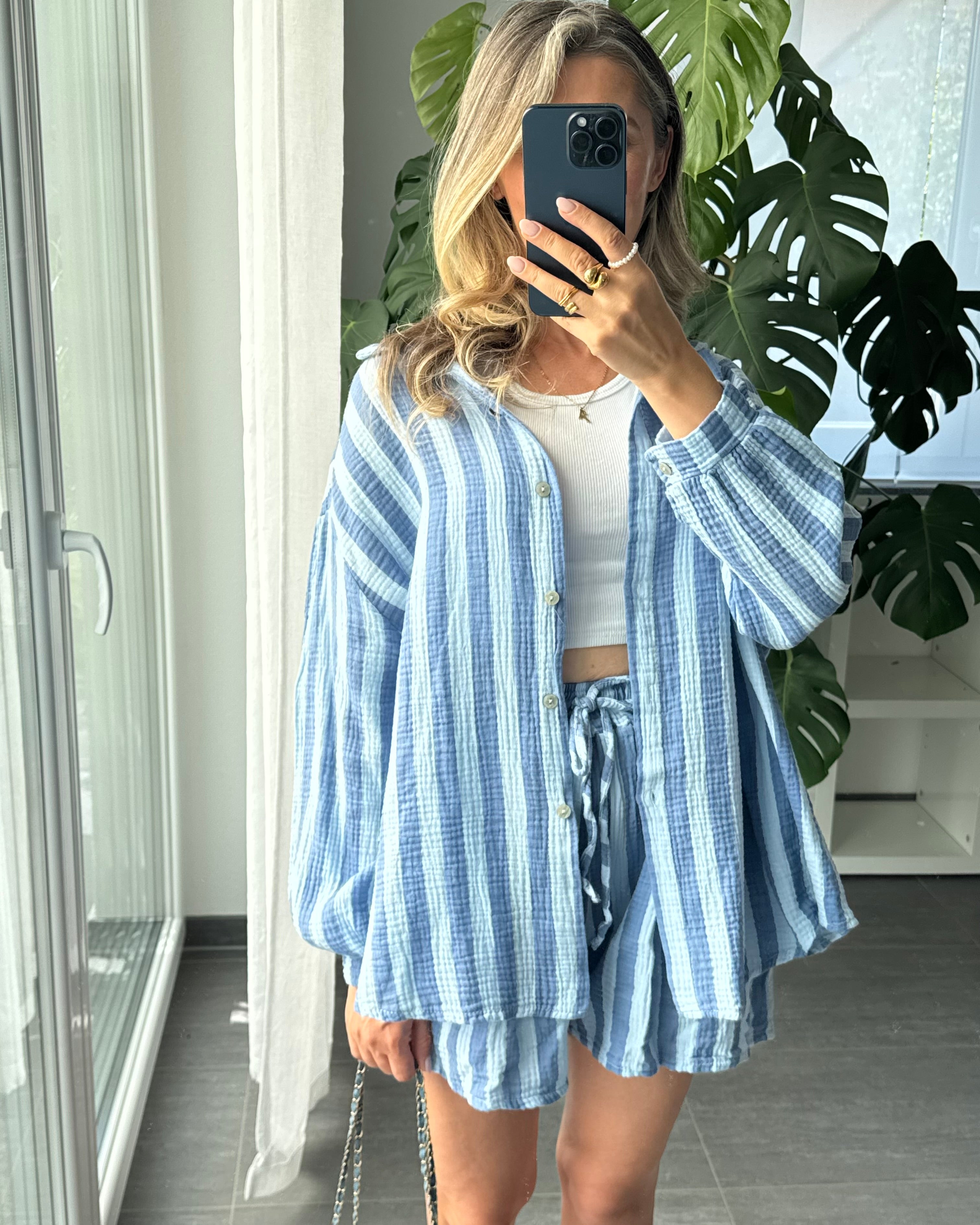 Musselin-Set – Bluse & Shorts Blau