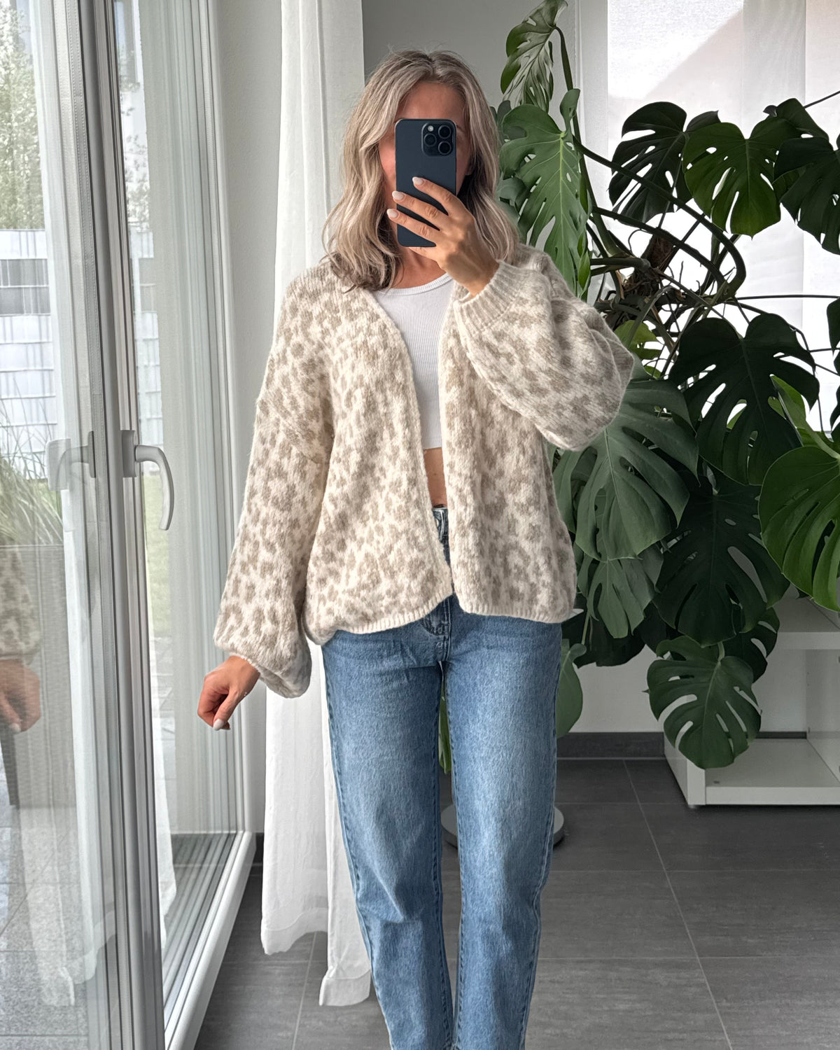 Offener Cardigan mit Leoprint Beige