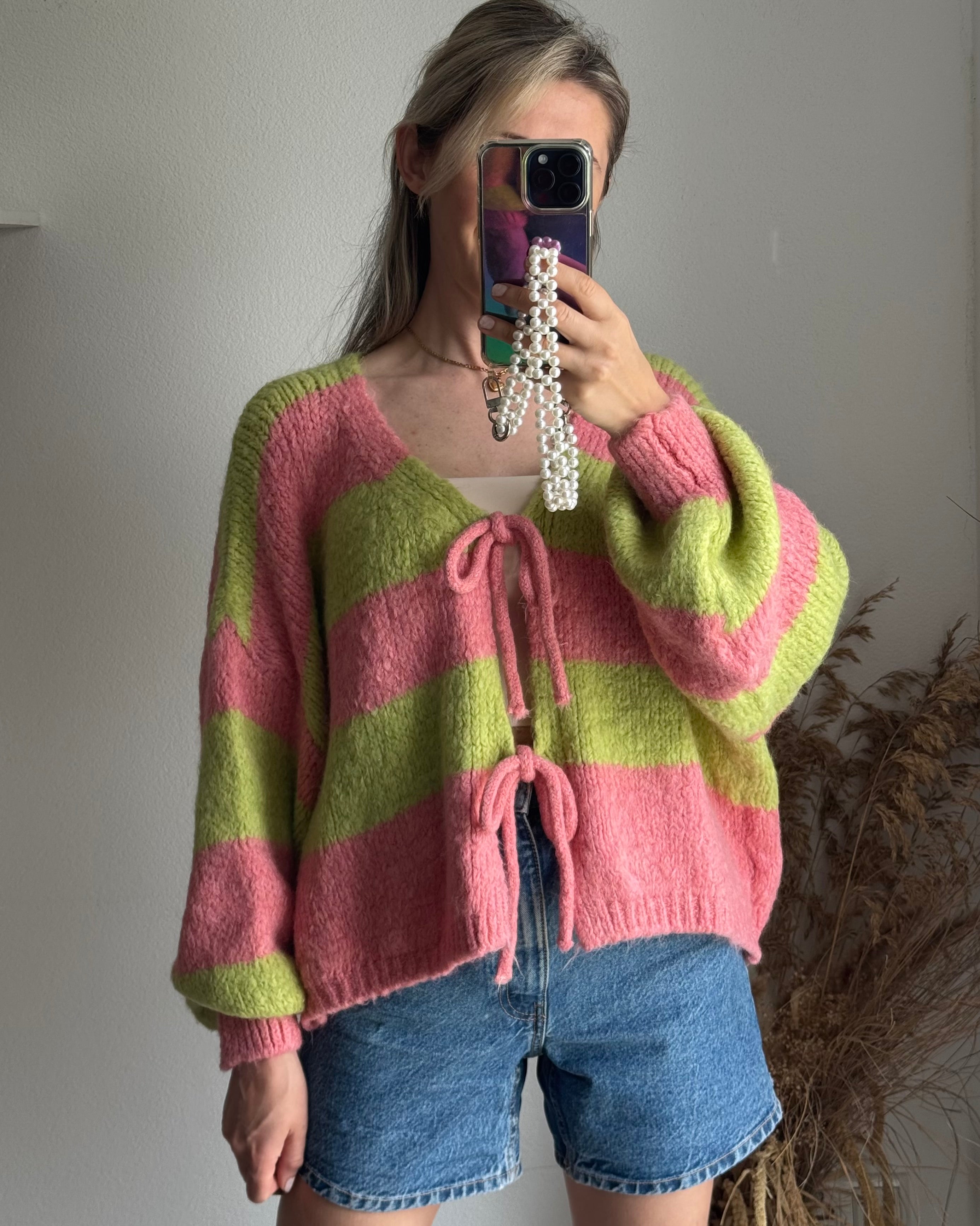 Cardigan mit Schleifen Langarm Kiwi Rosa