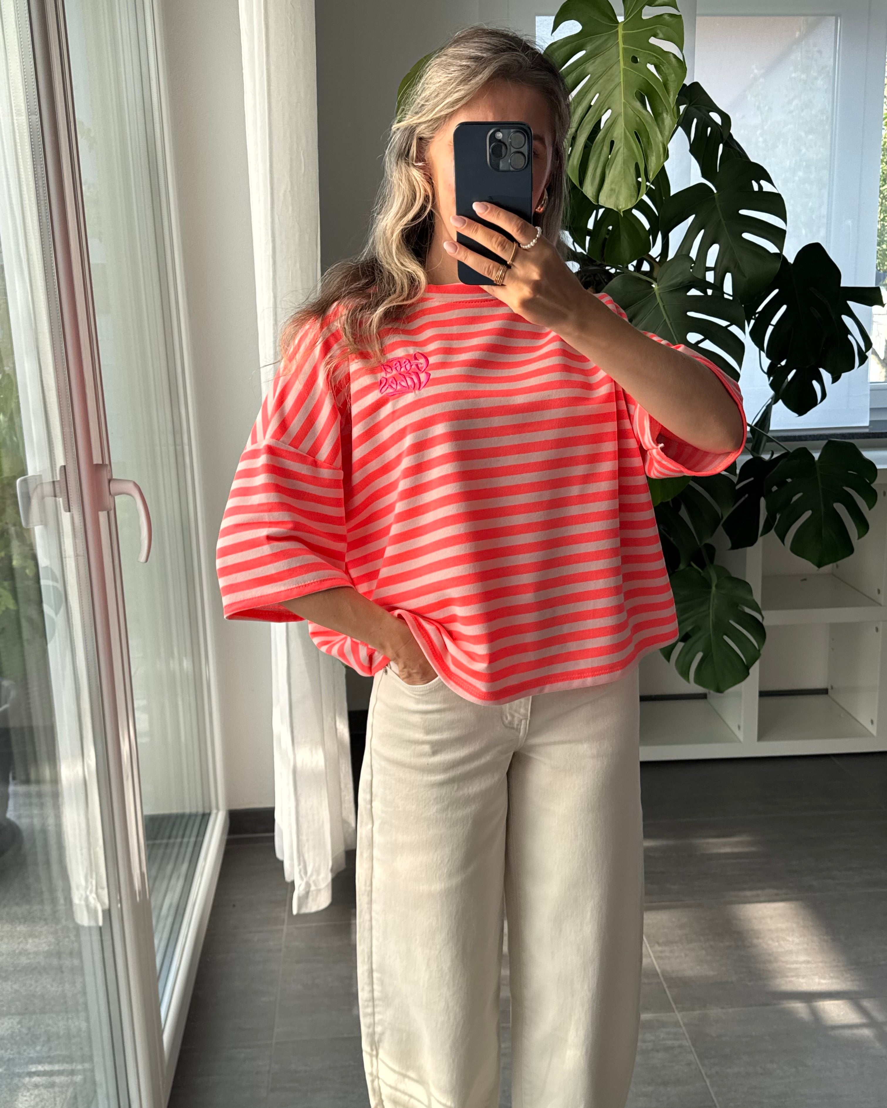 Shirt Streifenliebe Good Vibes Korallrot