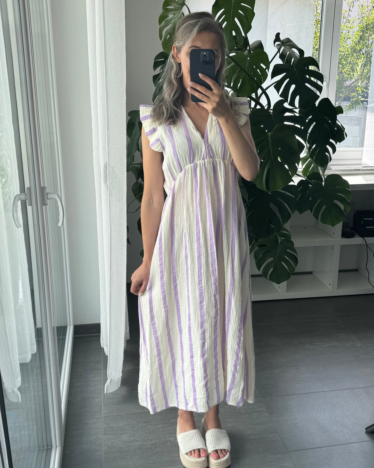 Maxi Musselinkleid Stripes Flieder