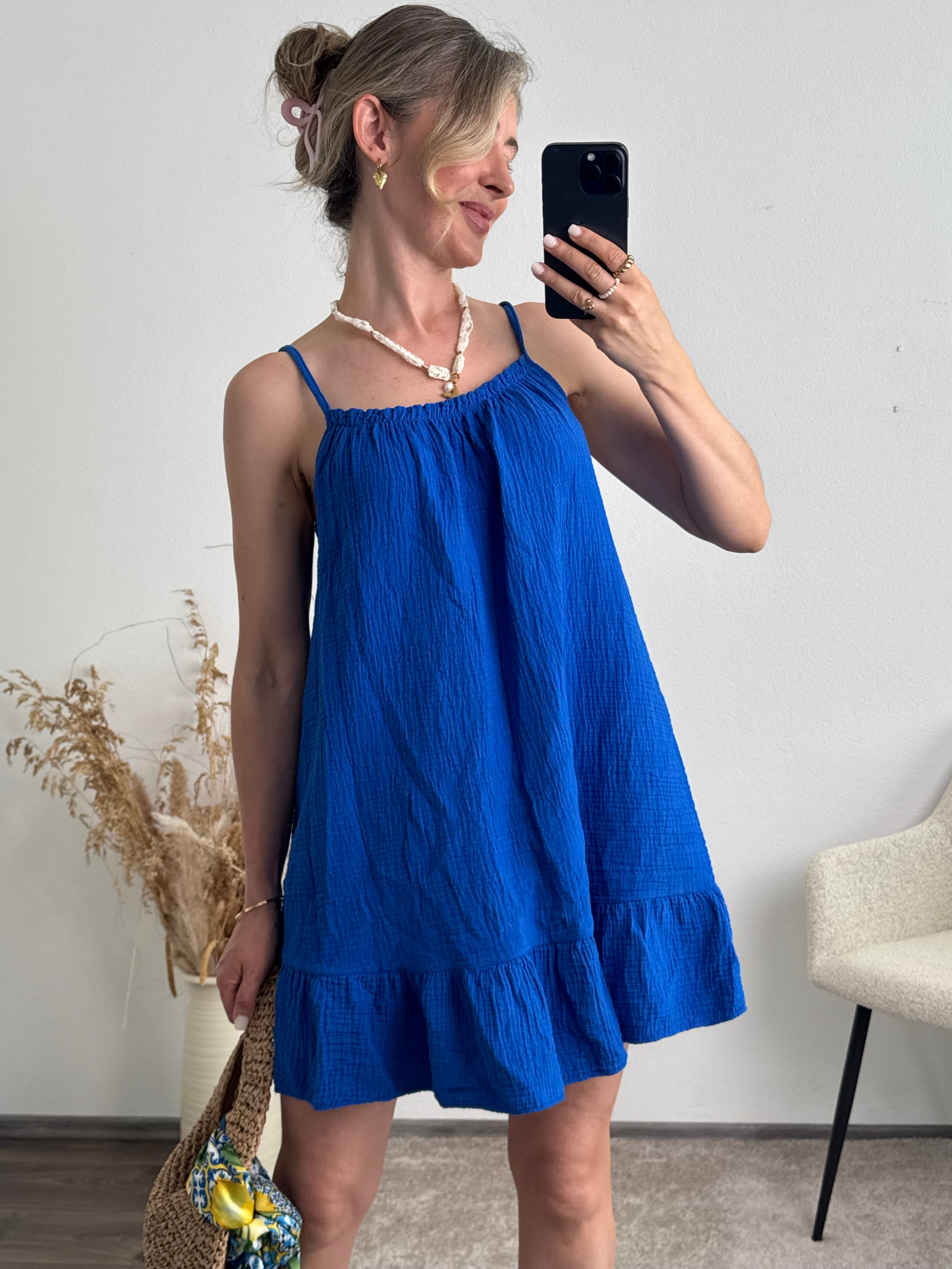 Musselinkleid mit Volantsaum Kelly royalblau