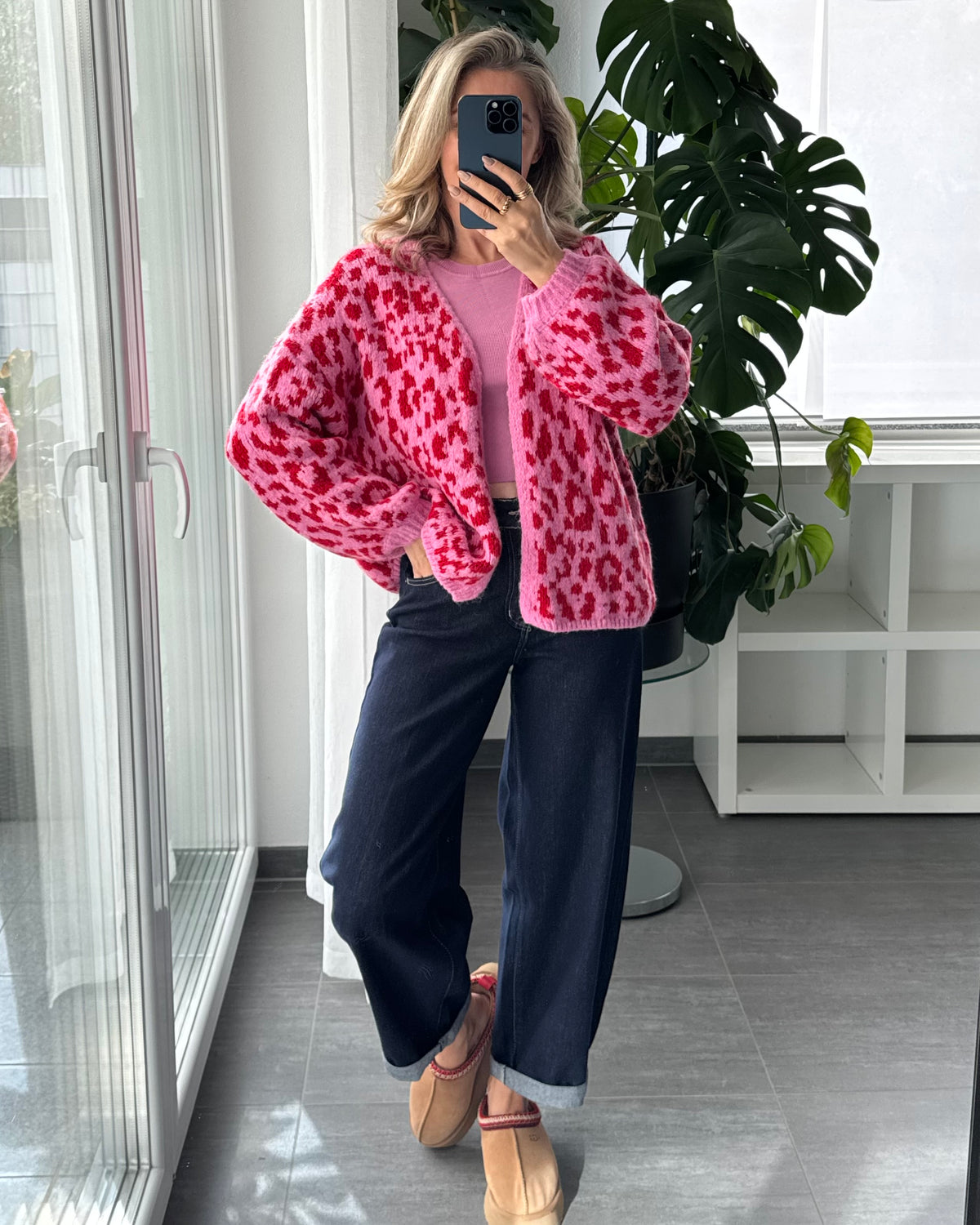 Offener Cardigan mit Leoprint Pink