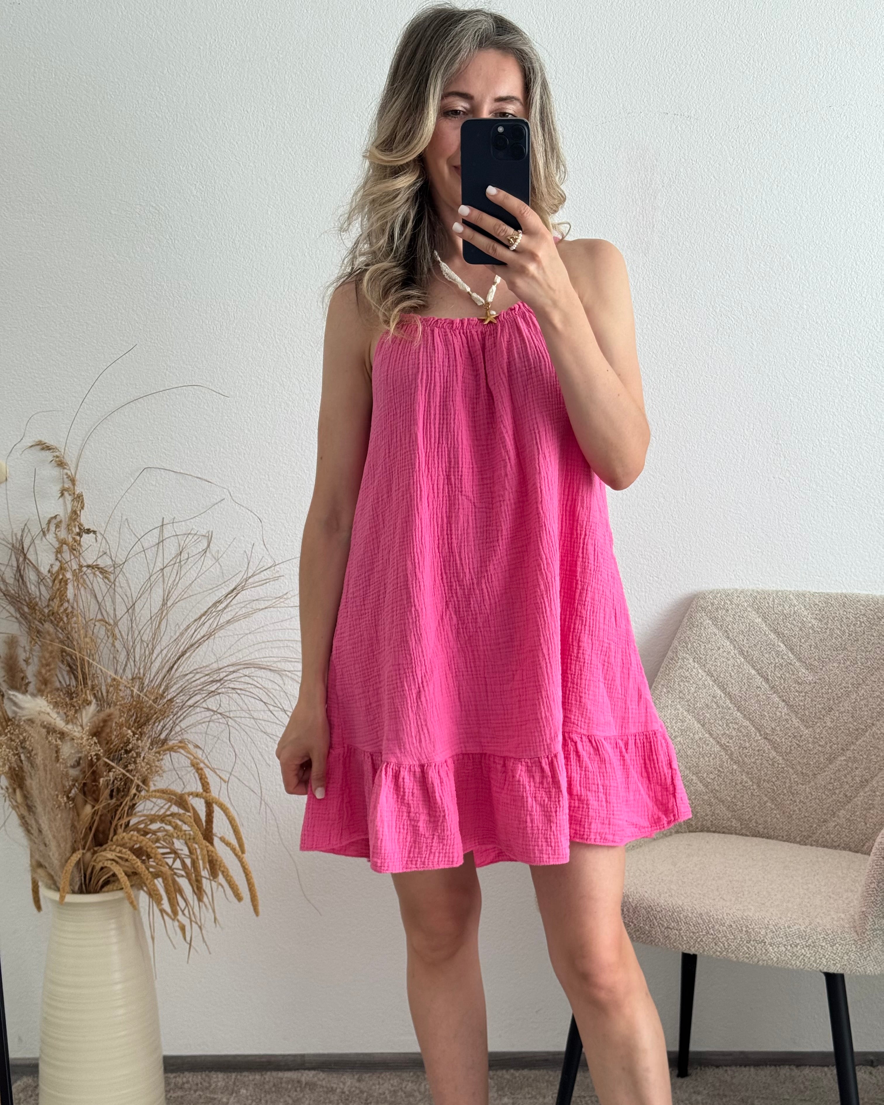 Musselinkleid mit Volantsaum Kelly Pink