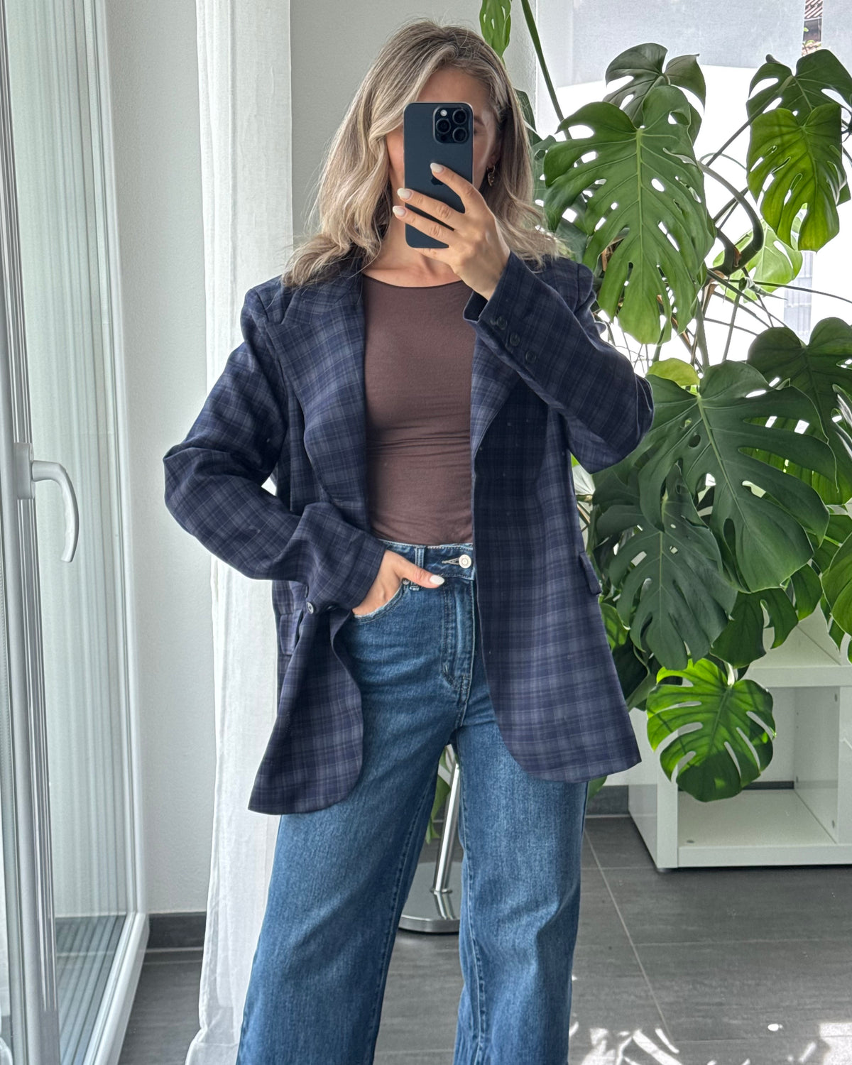 High Neck Blazer kariert blau