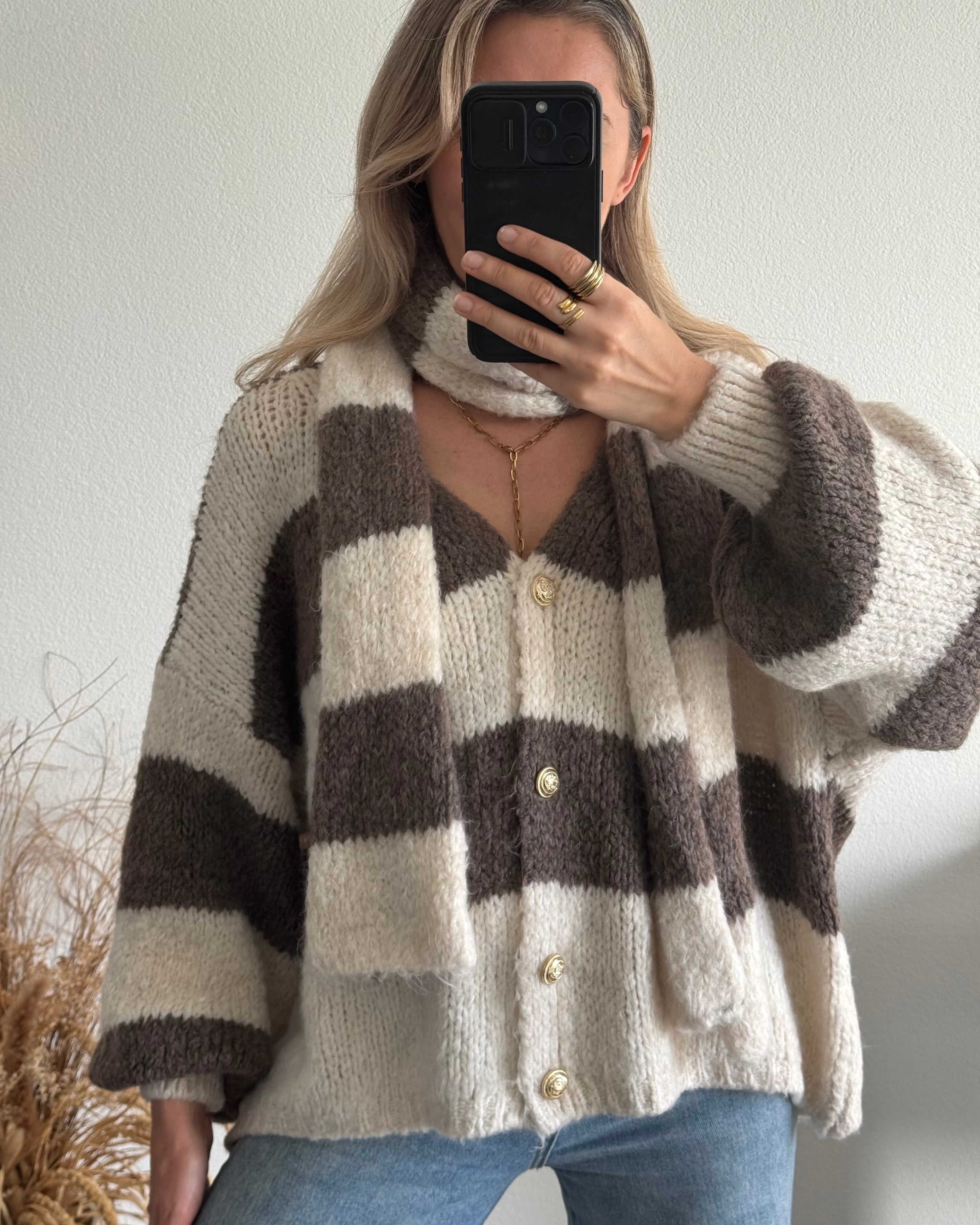 Kuscheliger Cardigan mit Schal Creme / Taupe