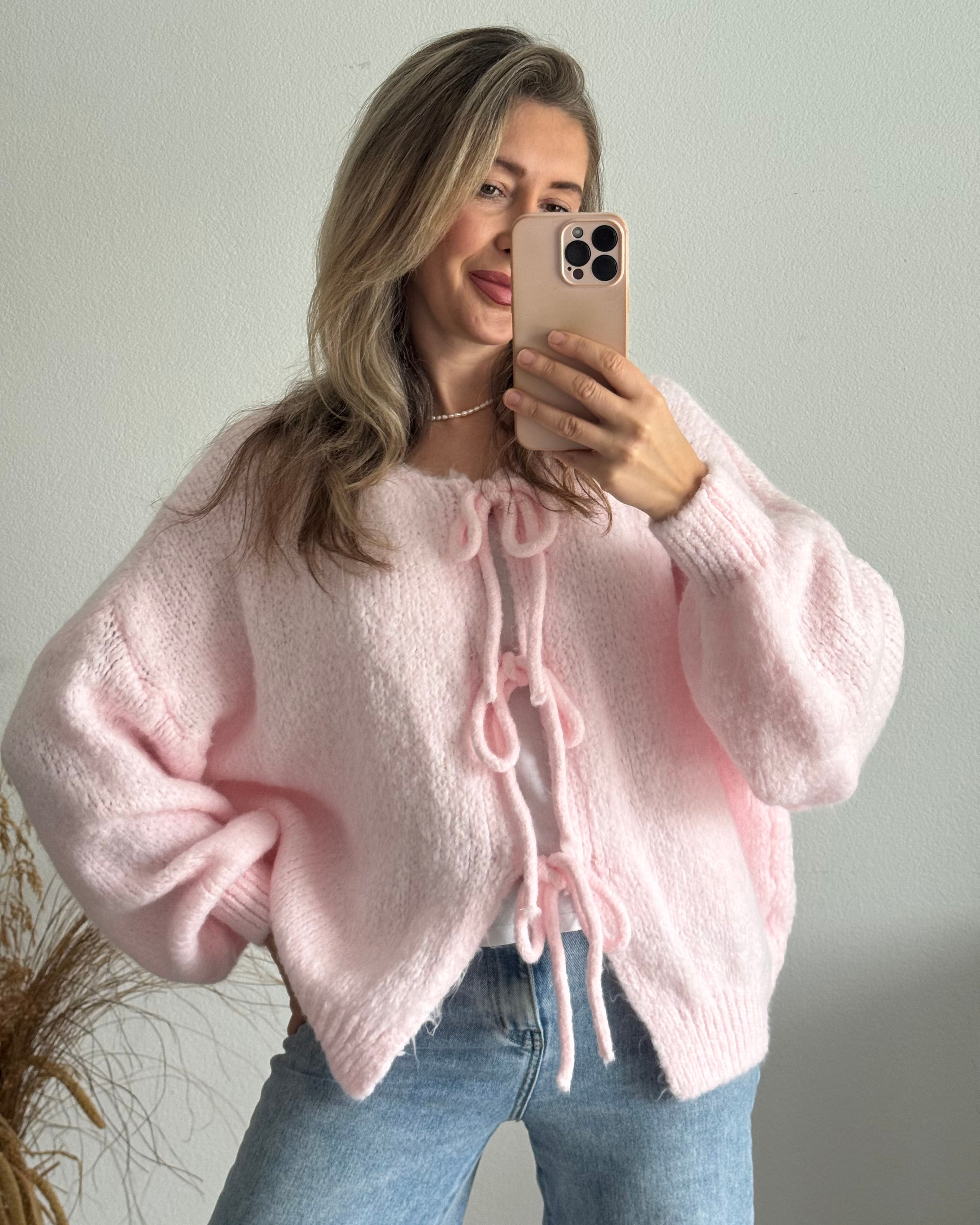 Cardigan mit Schleifen Langarm Zartrosa