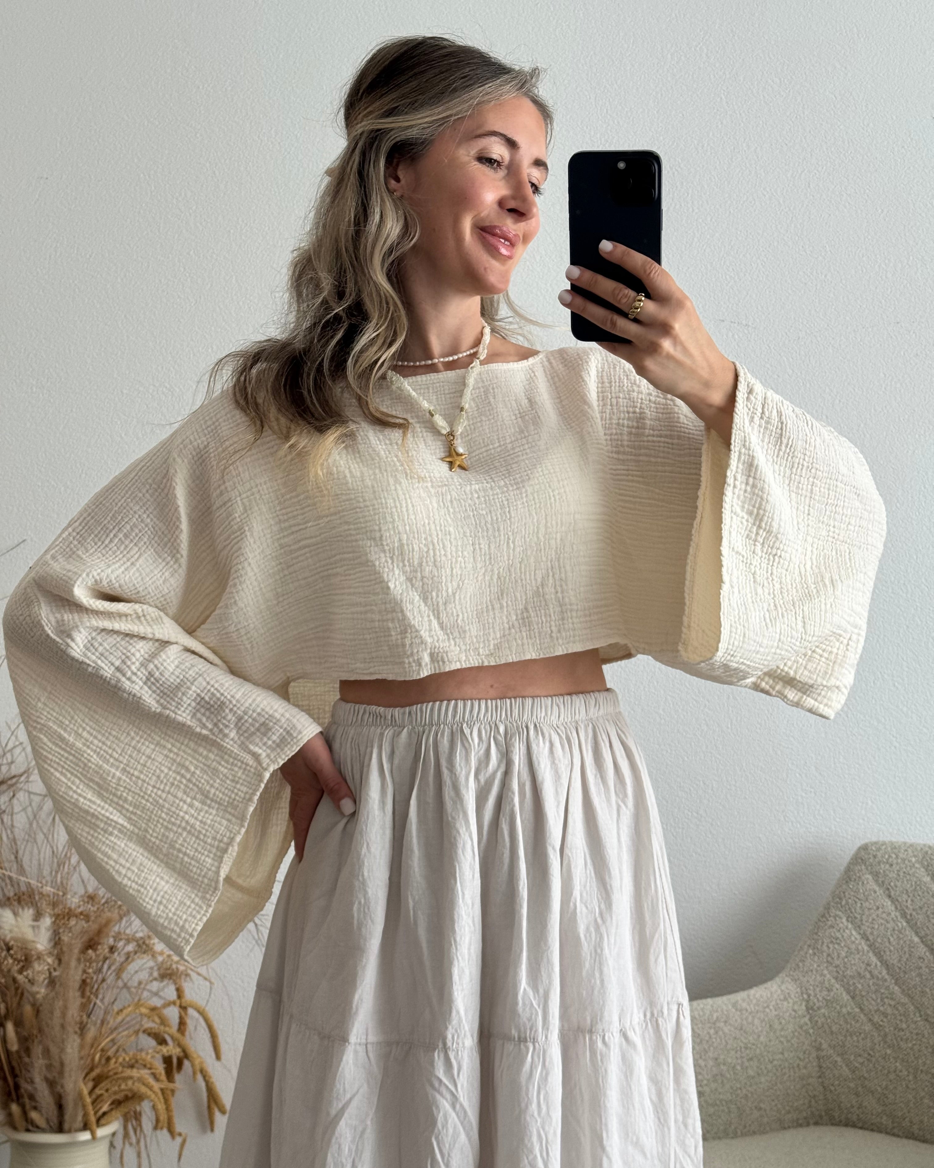 Musselintop langarm boho