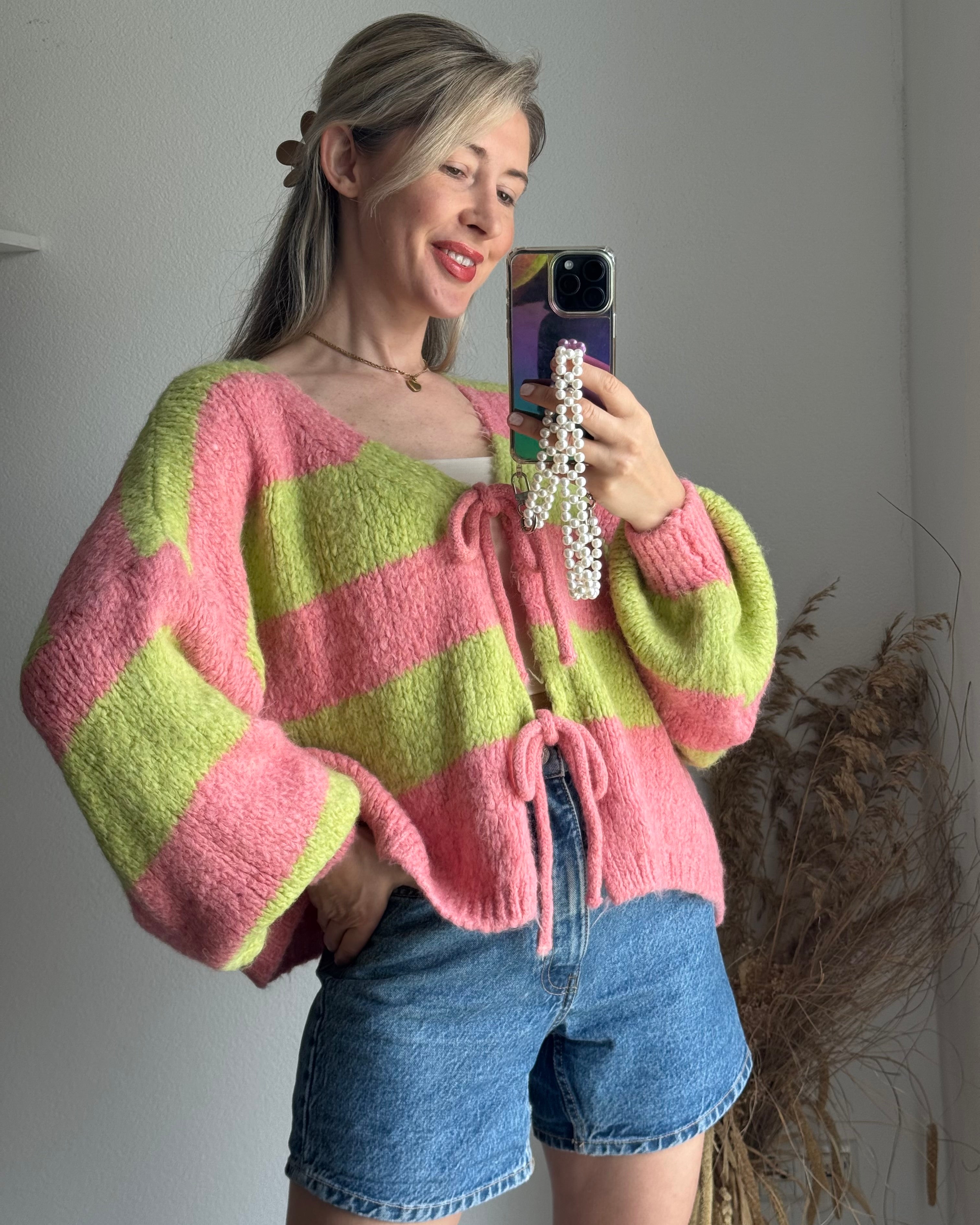 Cardigan mit Schleifen Langarm Kiwi Rosa