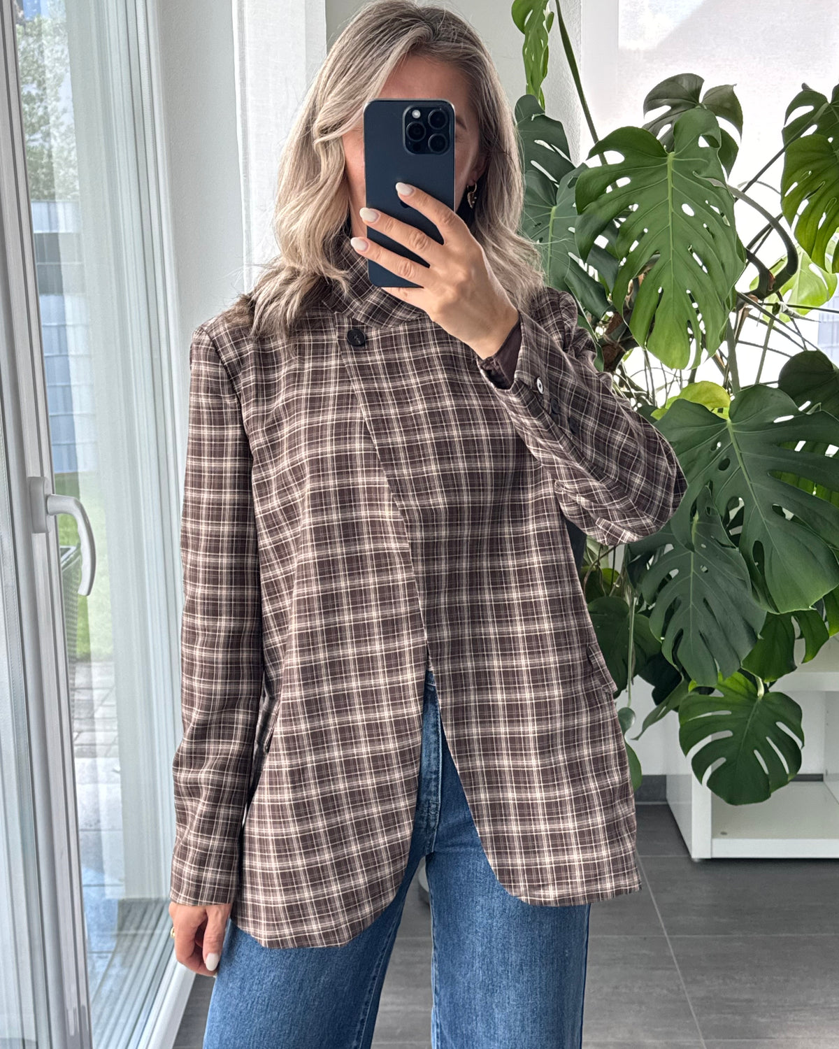 High Neck Blazer kariert braun