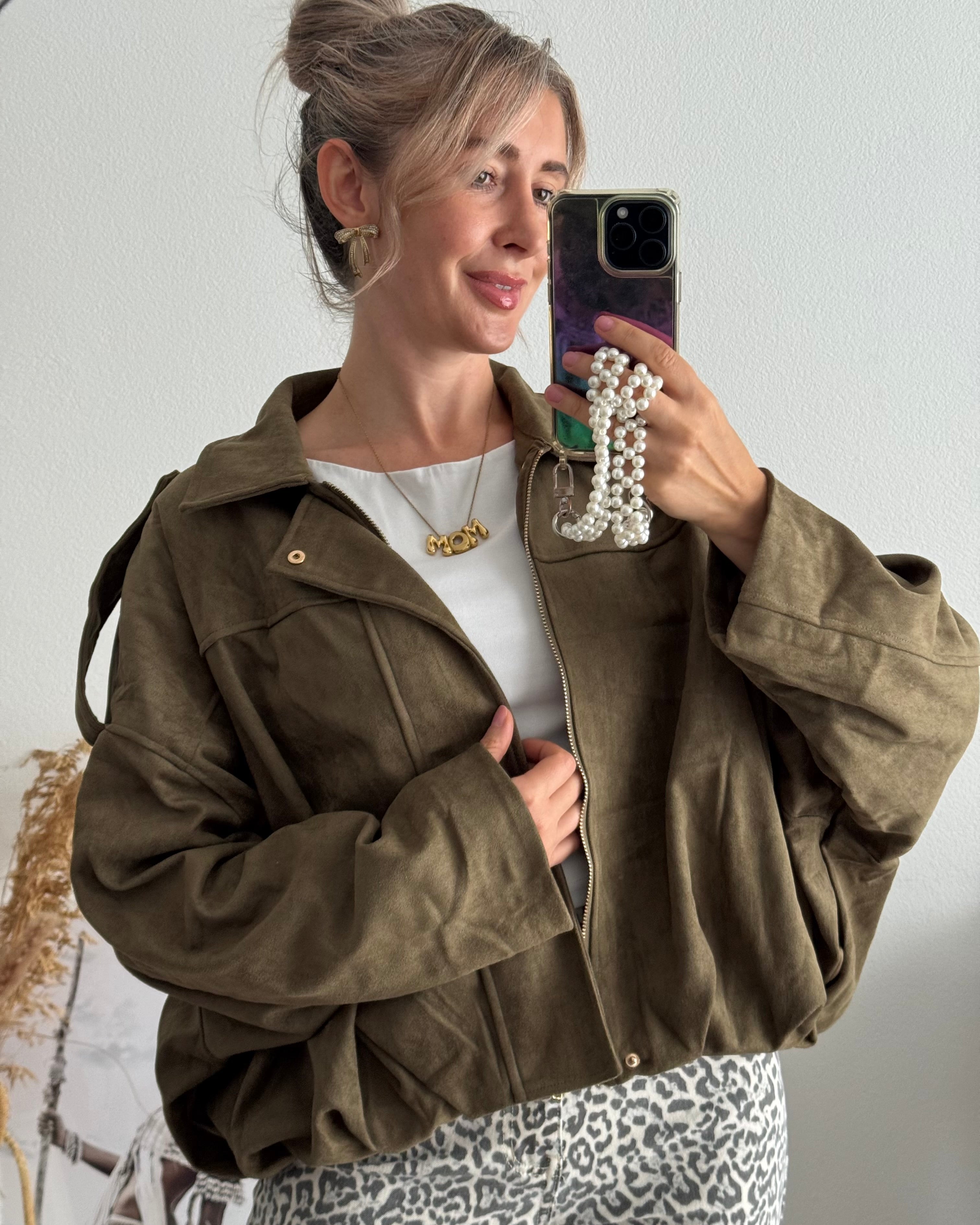 Luxe Suede Bomber Jacket Khaki