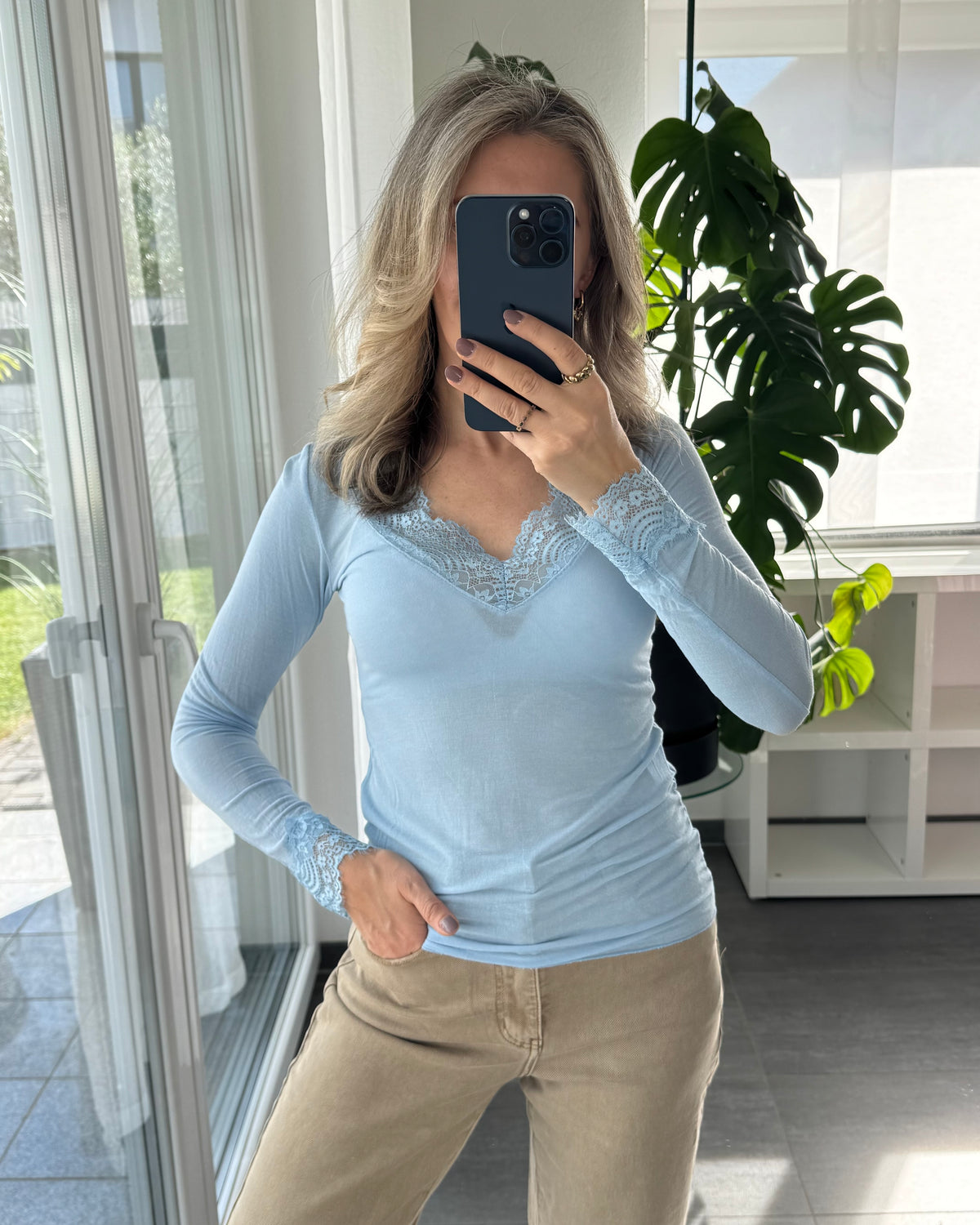 Kaschmir Longsleeve Spitze Softblau Premium-Qualität