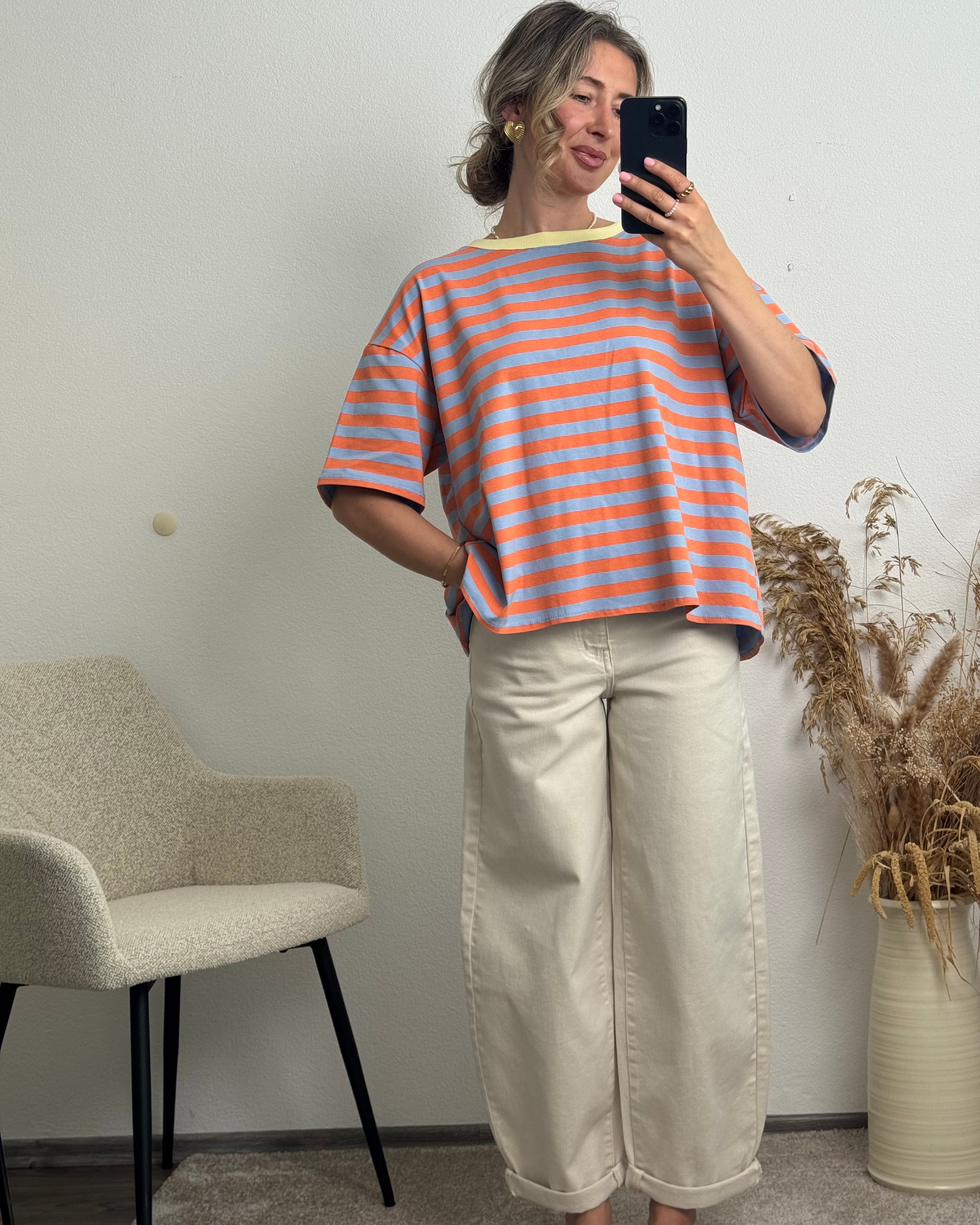 Open Tie Back Shirt Blau/orange