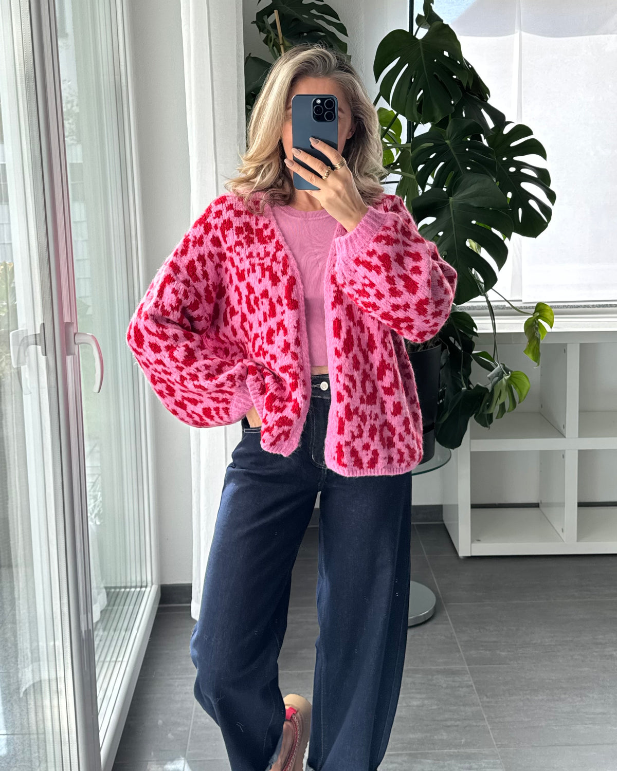 Offener Cardigan mit Leoprint Pink
