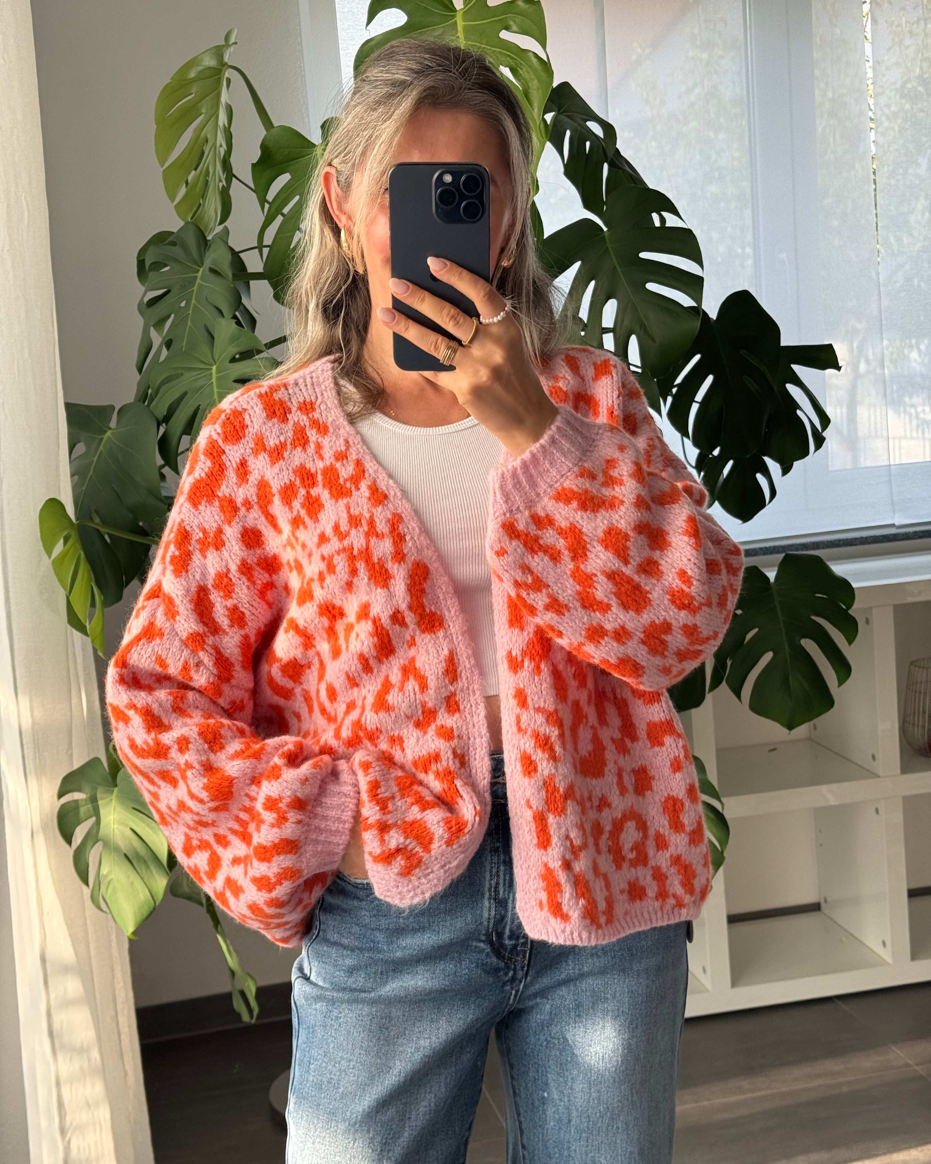 Offener Cardigan mit Leoprint Orange