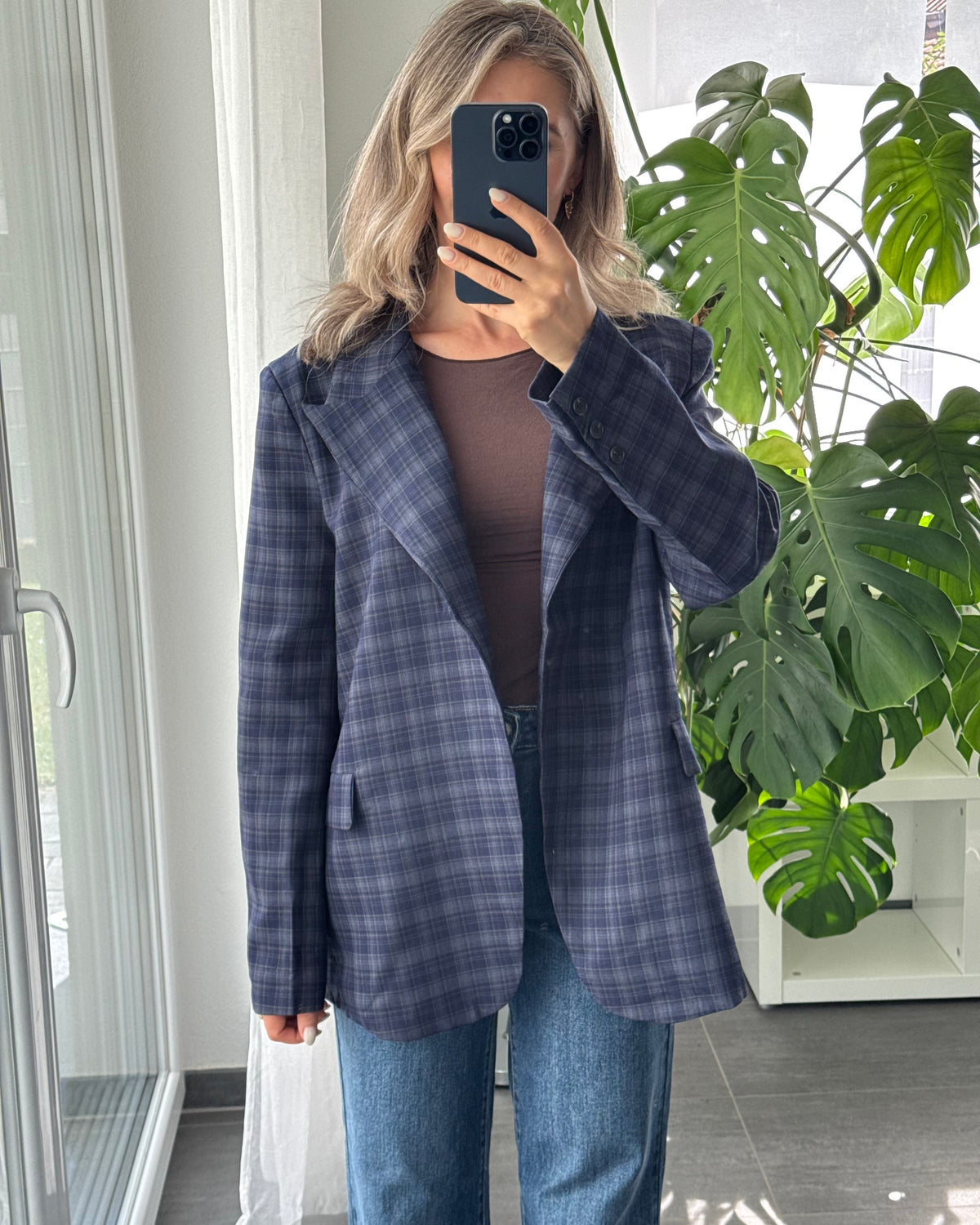 High Neck Blazer kariert blau