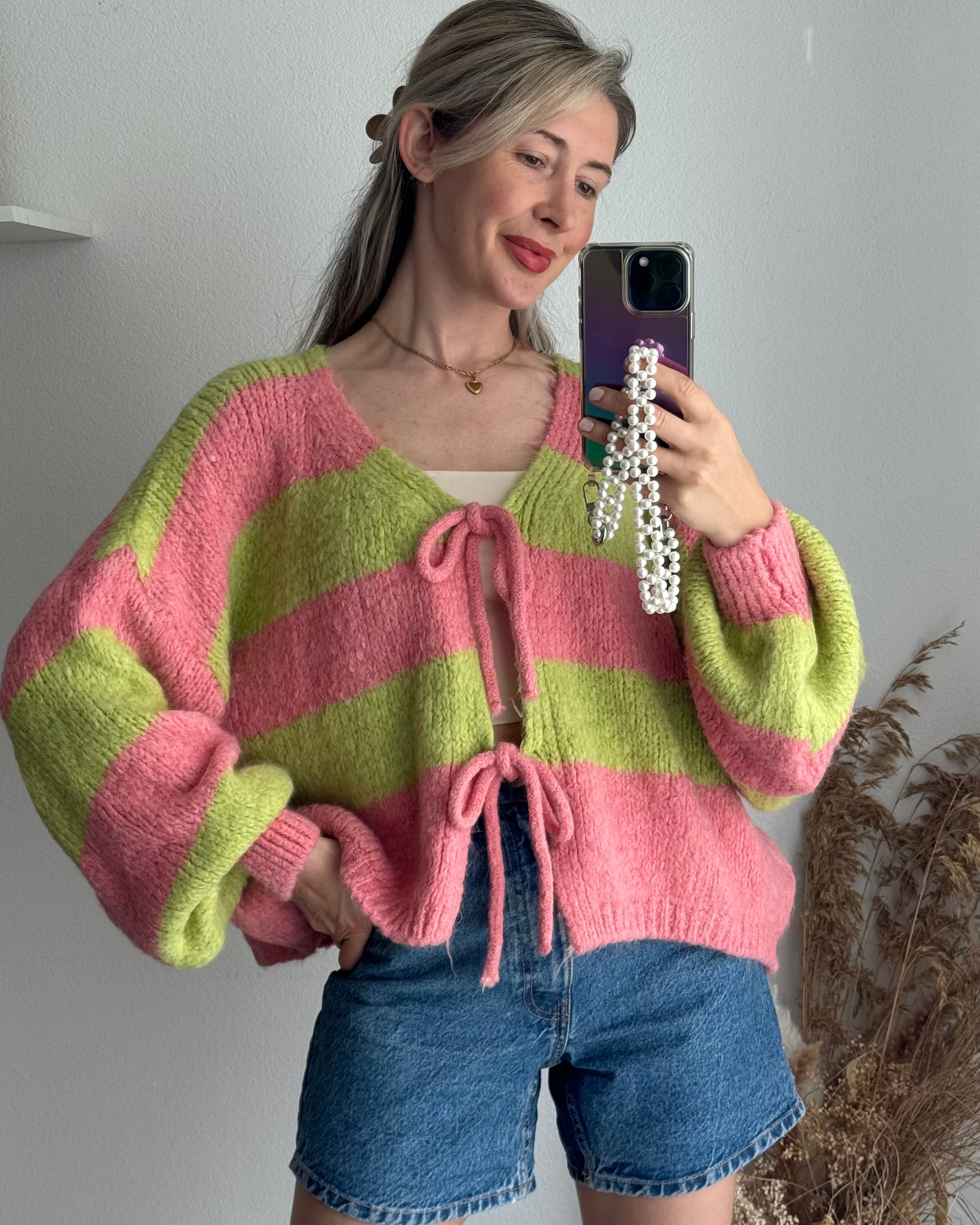 Cardigan mit Schleifen Langarm Kiwi Rosa
