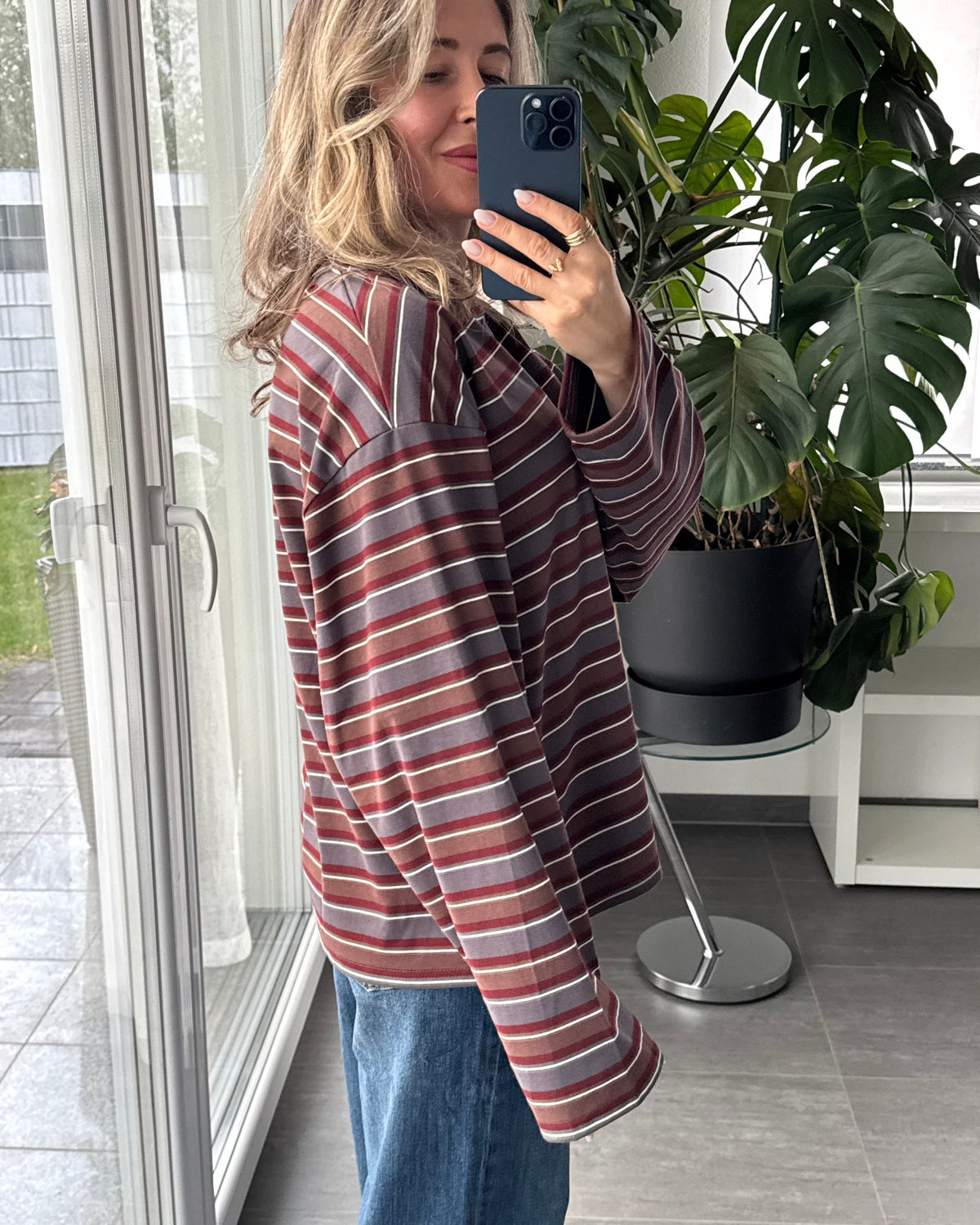 Streifen Longsleeve Bordeaux Grau Braun