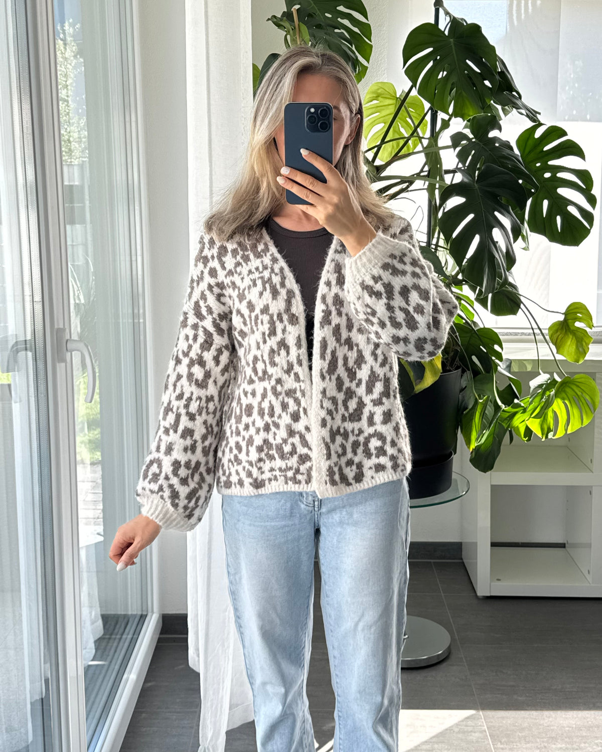 Offener Cardigan mit Leoprint Beige Taupe