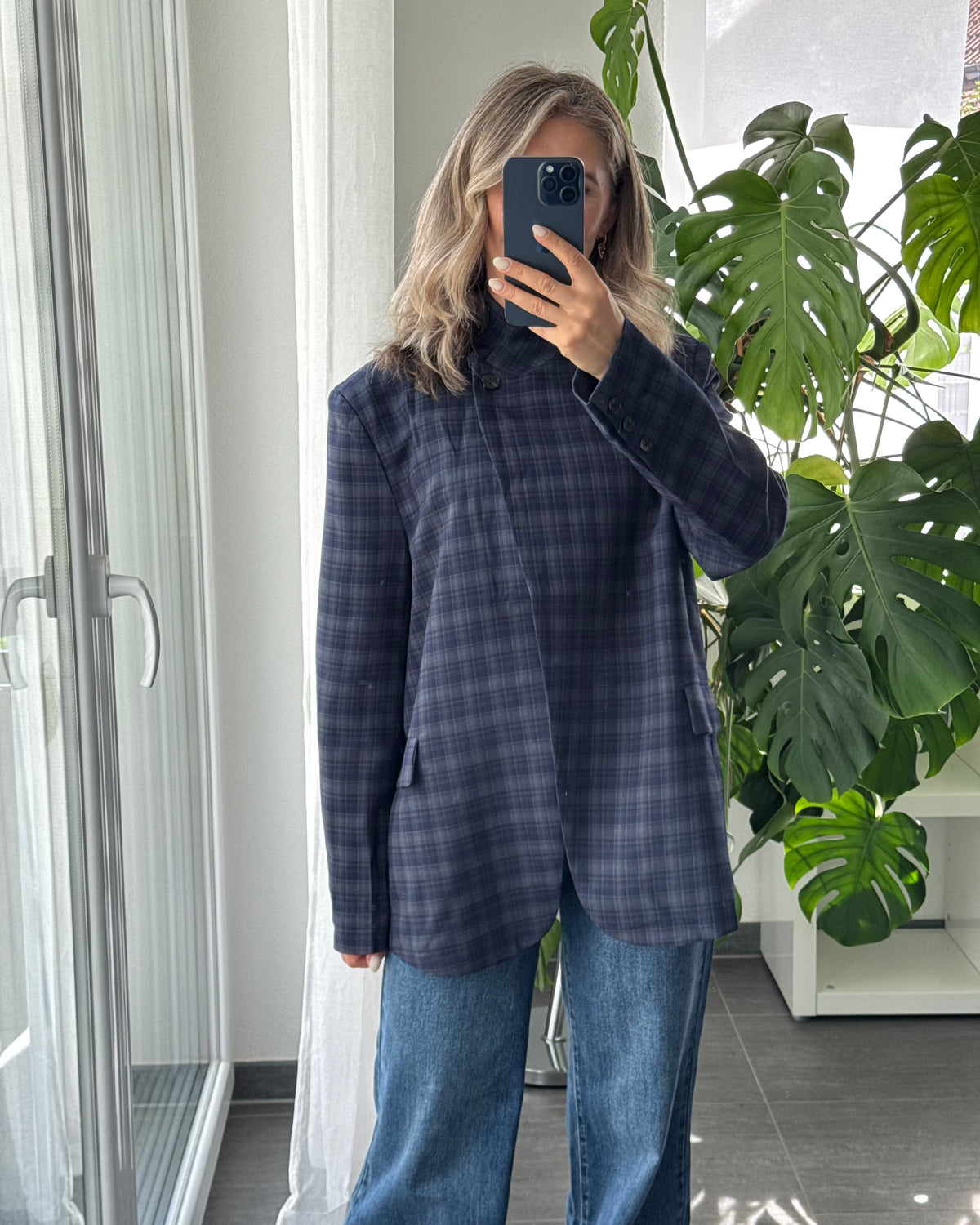 High Neck Blazer kariert blau