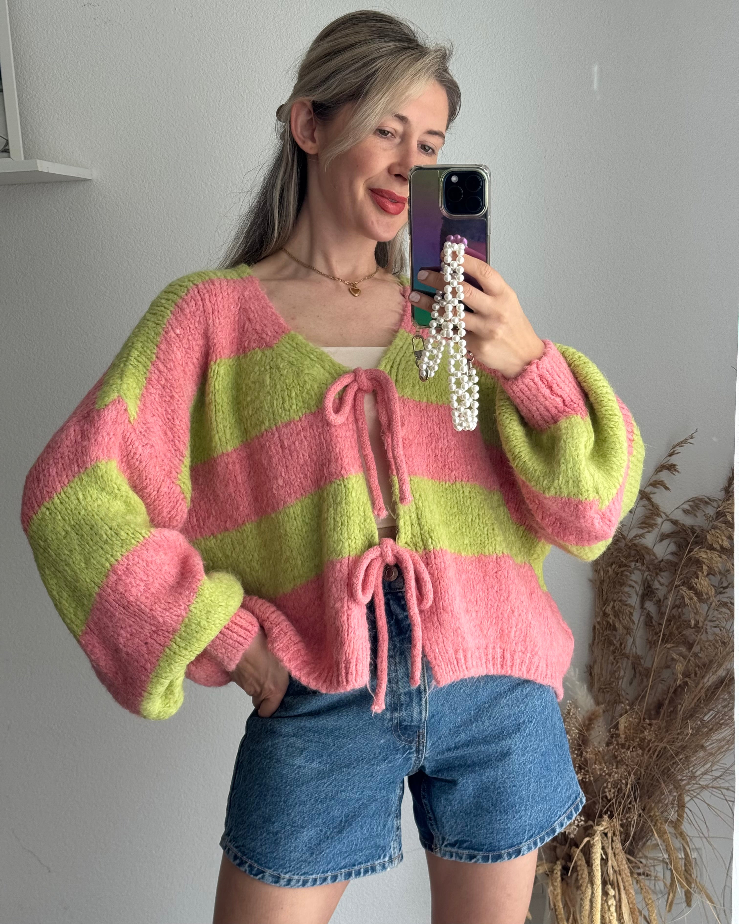 Cardigan mit Schleifen Langarm Kiwi Rosa