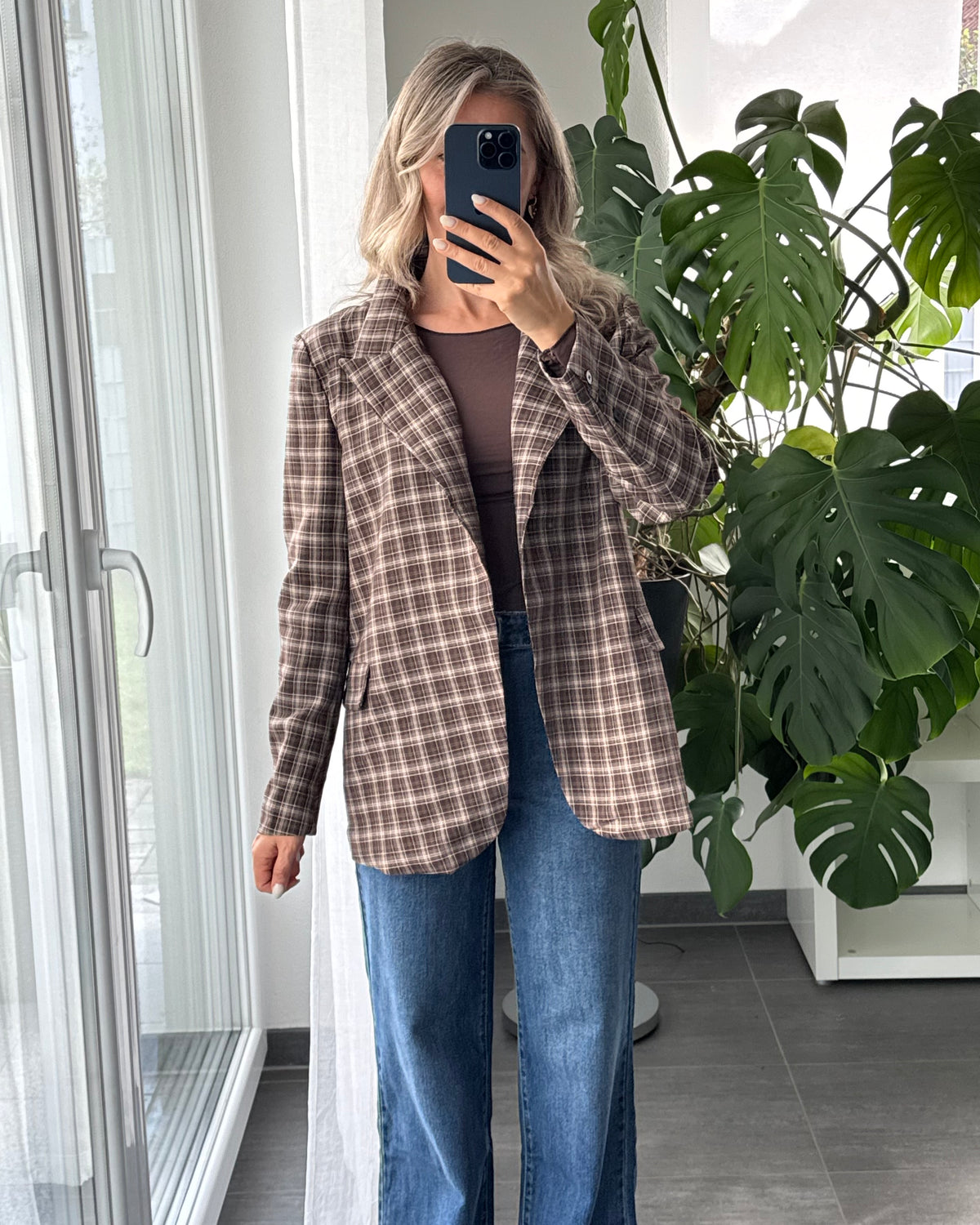 High Neck Blazer kariert braun
