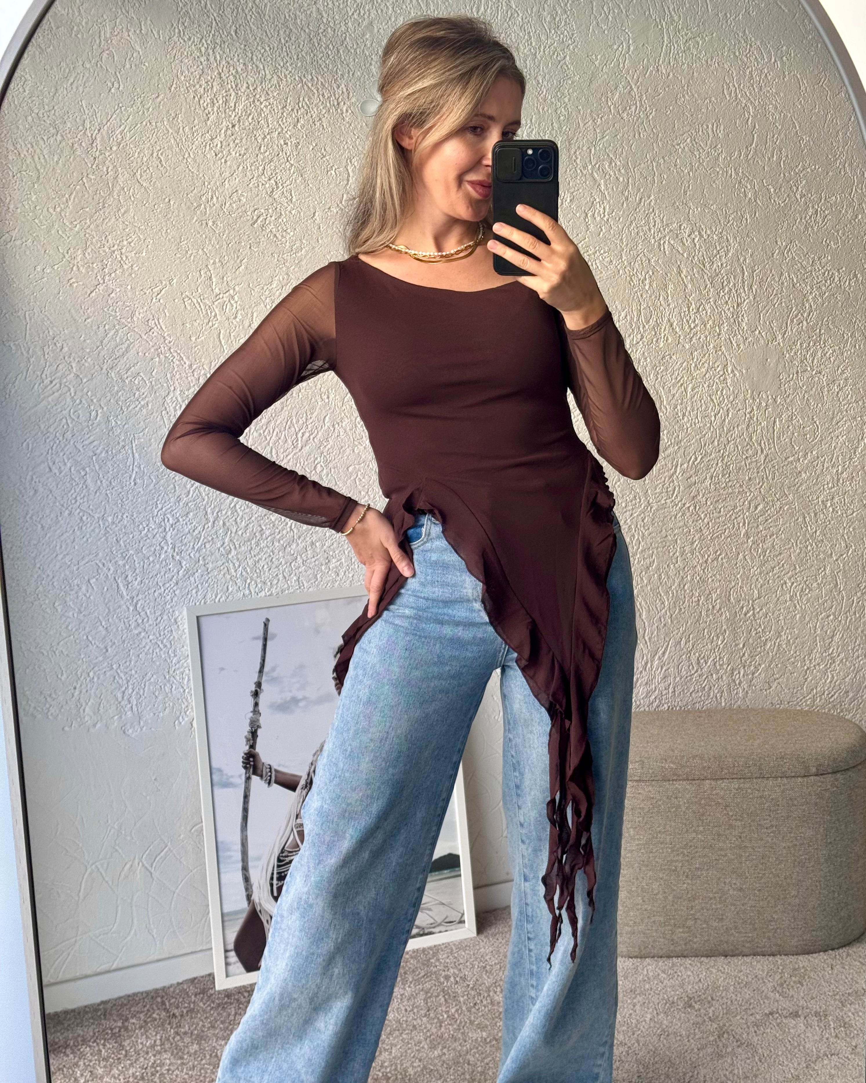 Meshtop langarm braun