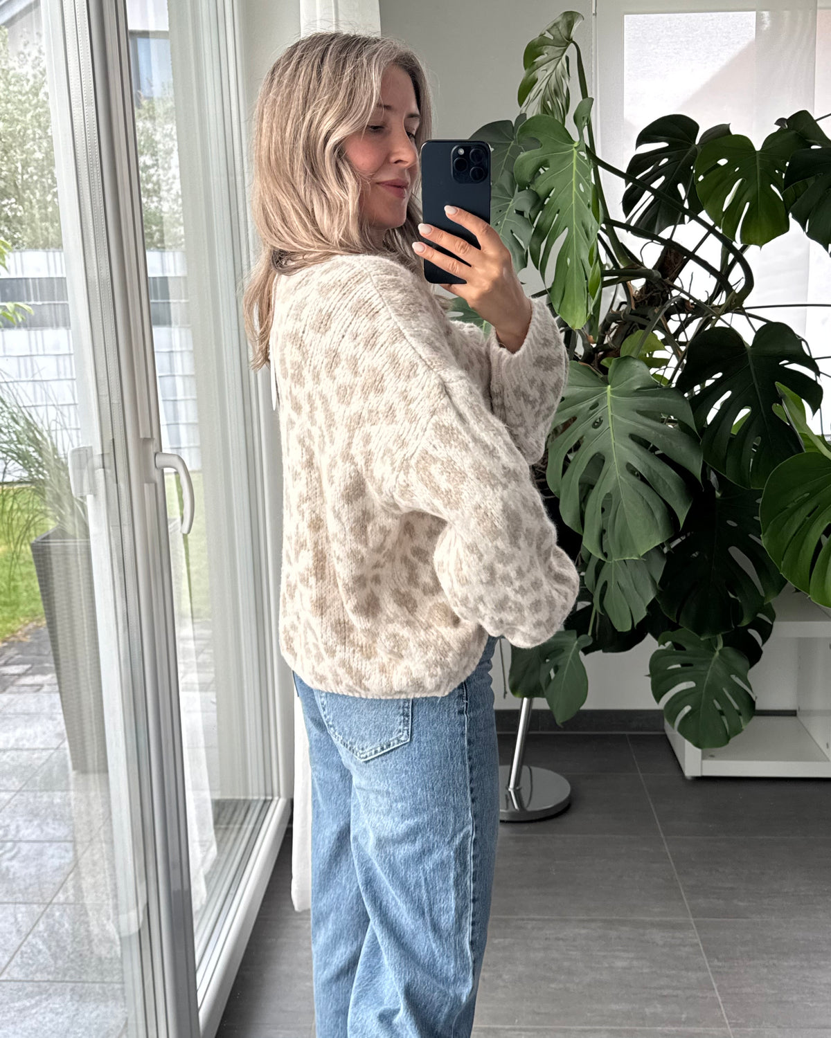 Offener Cardigan mit Leoprint Beige