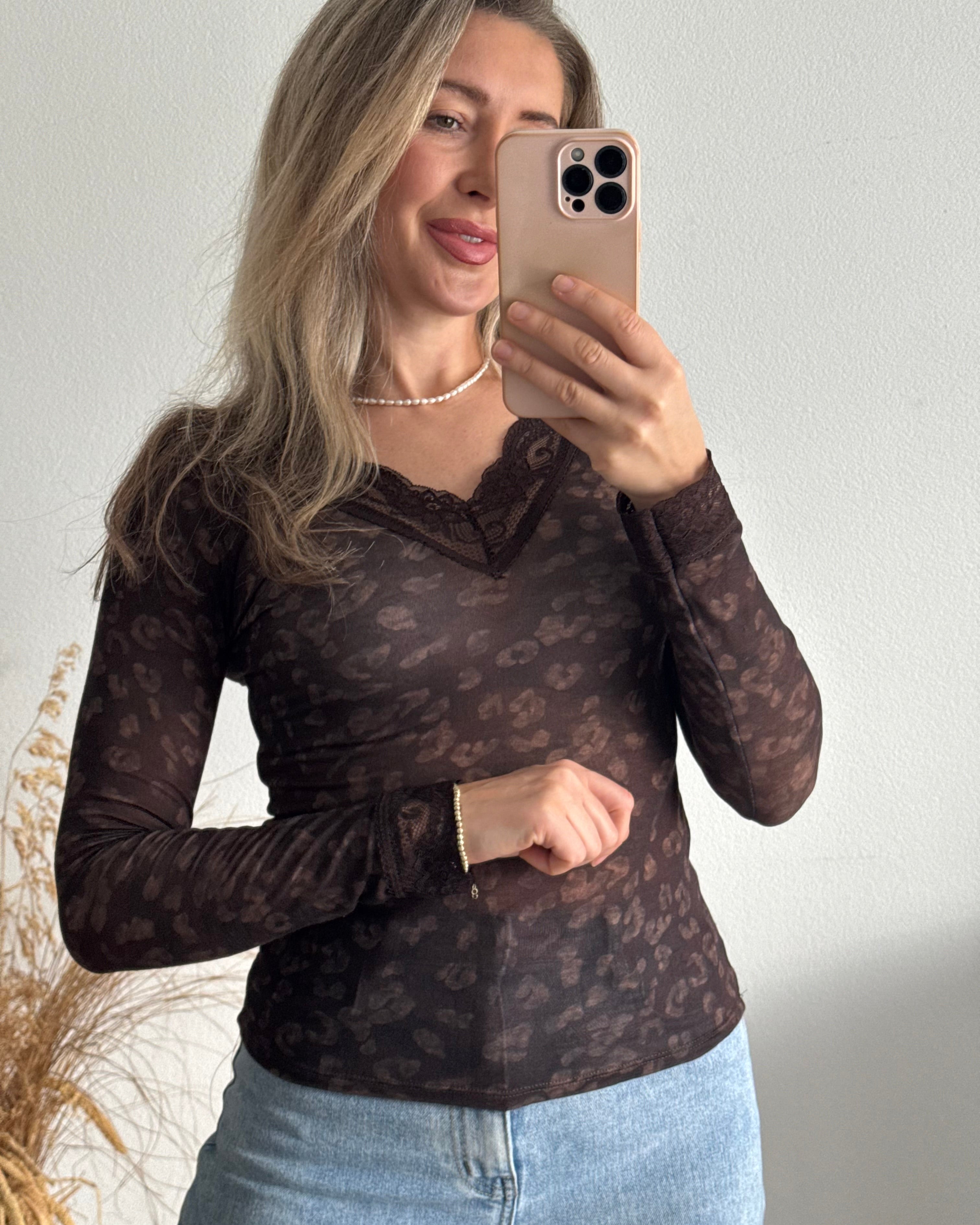 Stretchy Cashmere Langarmshirt mit Spitze Leo Braun