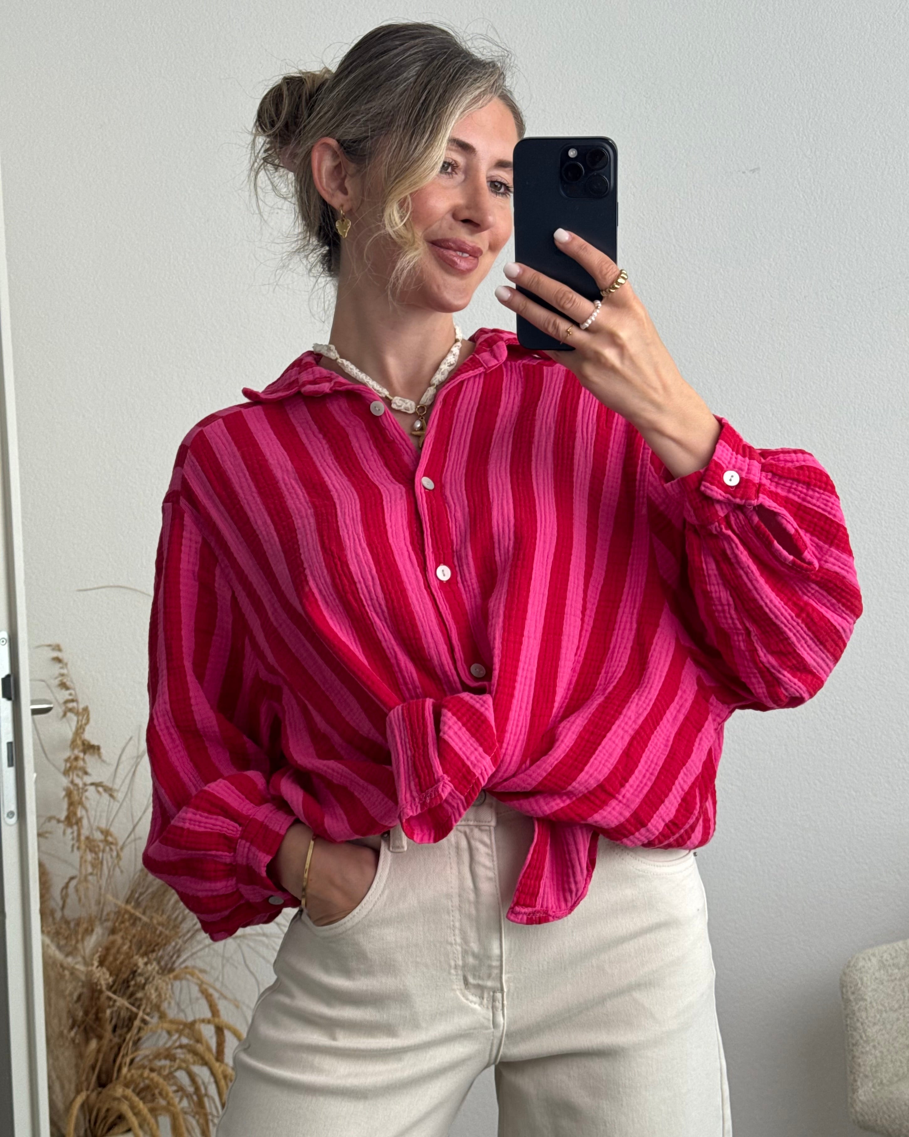 Musselinbluse Bold Stripes rot pink