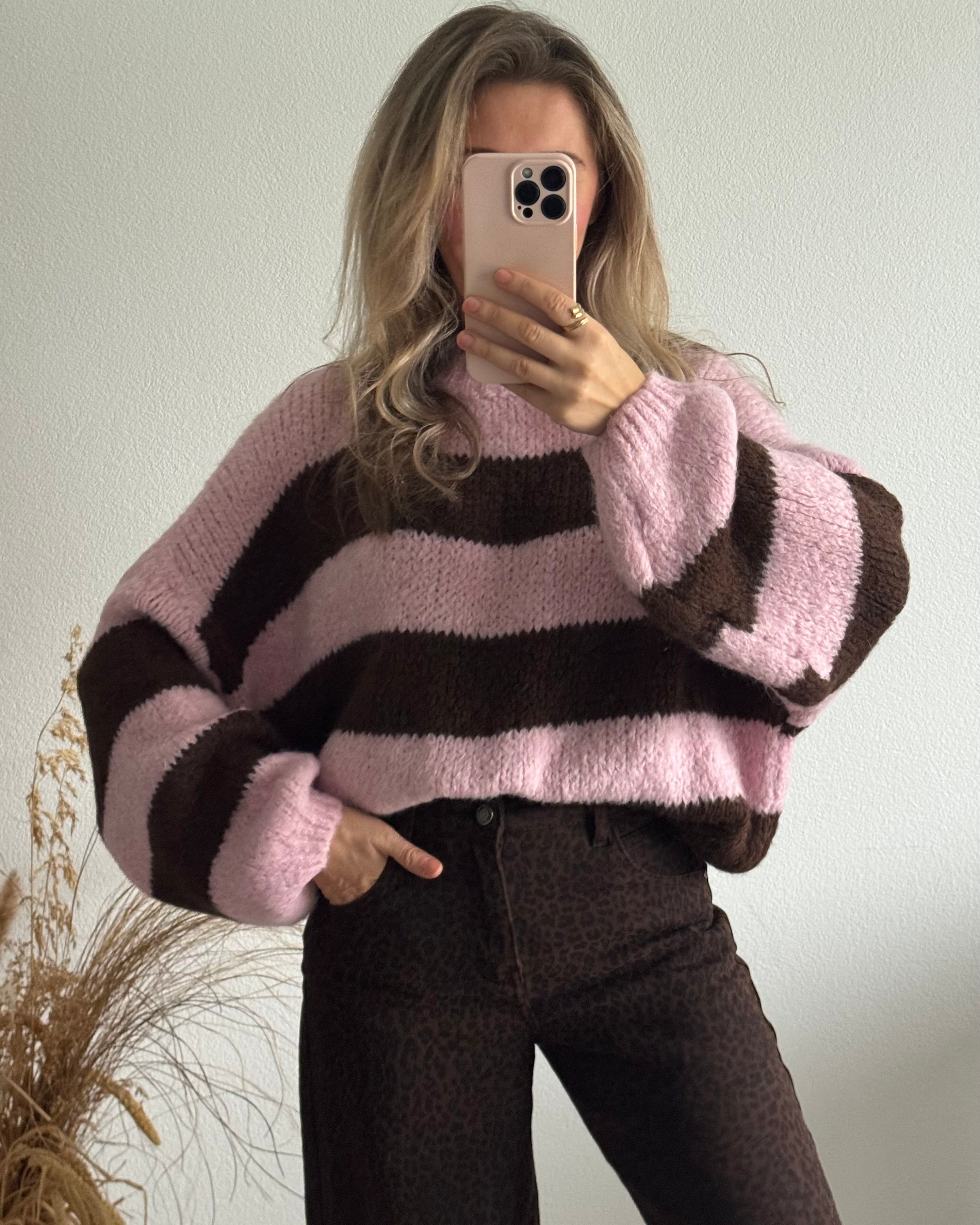 Strickpullover Fluffy Blockstreifen Braun Rosa